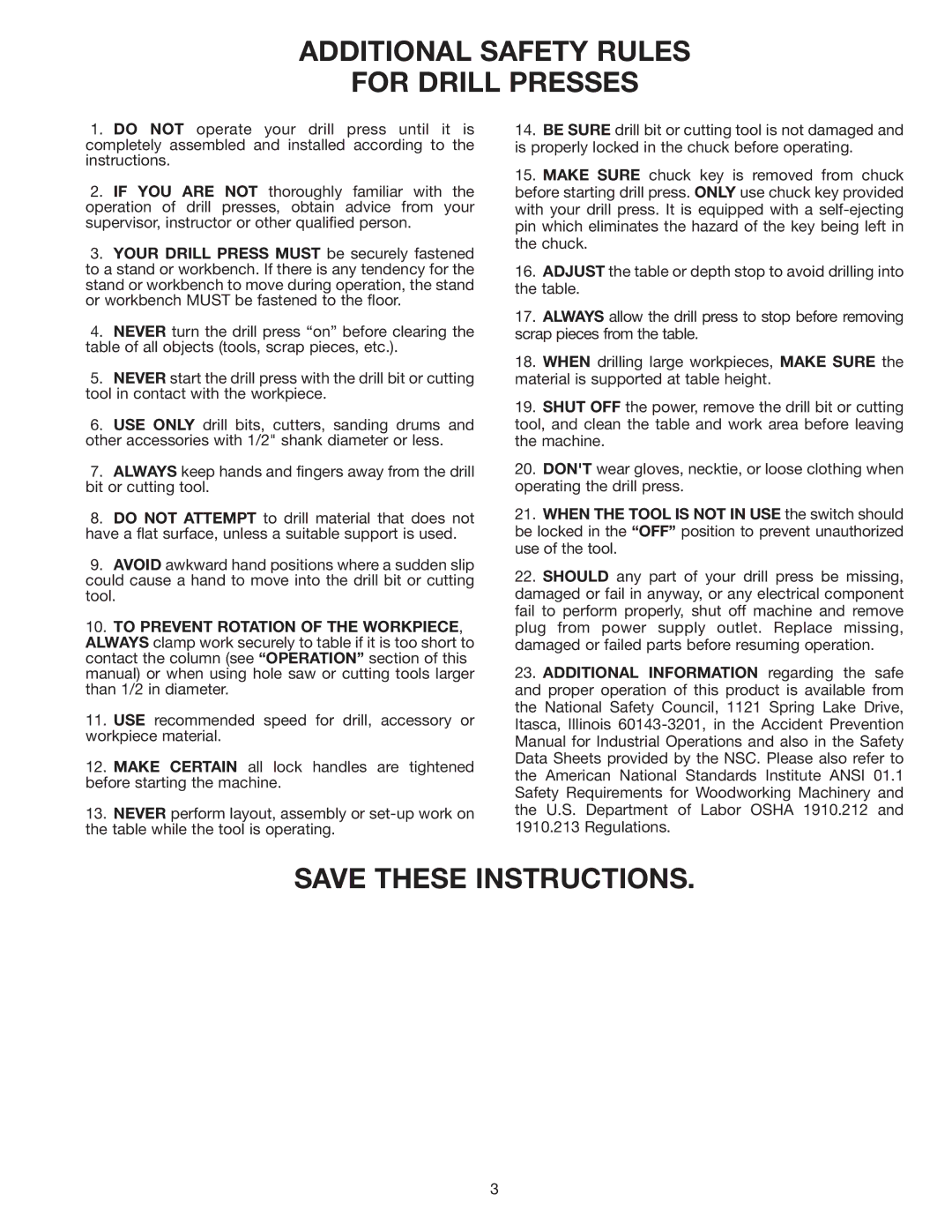 Delta 900585 instruction manual Additional Safety Rules For Drill Presses 