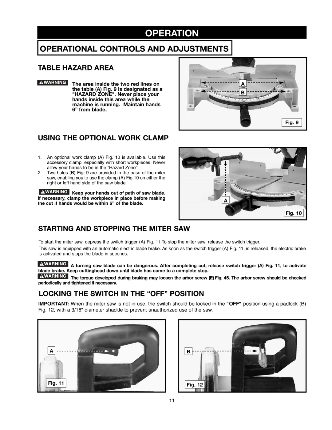 Delta 90513776 Operation, Table Hazard Area, Using the Optional Work Clamp, Starting and Stopping the Miter SAW 