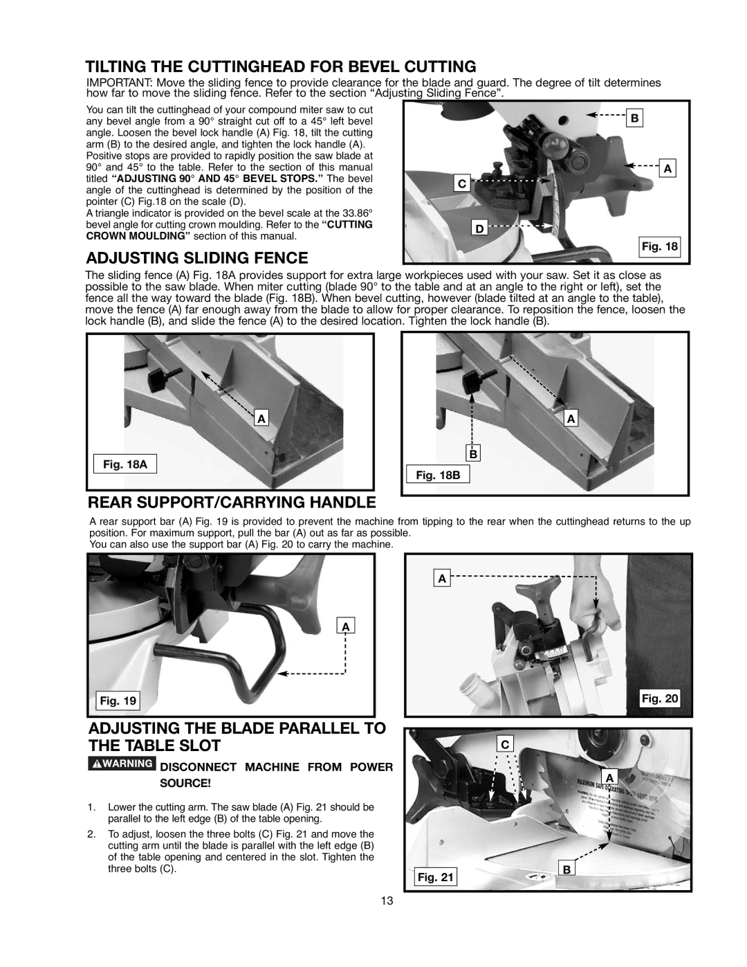 Delta 90513776 Tilting the Cuttinghead for Bevel Cutting, Adjusting Sliding Fence, Rear SUPPORT/CARRYING Handle 