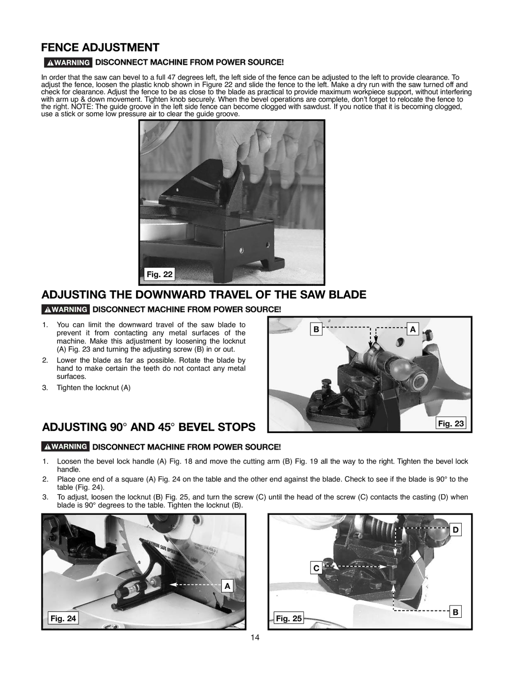 Delta 90513776 Fence Adjustment, Adjusting the Downward Travel of the SAW Blade, Adjusting 90 and 45 Bevel Stops 