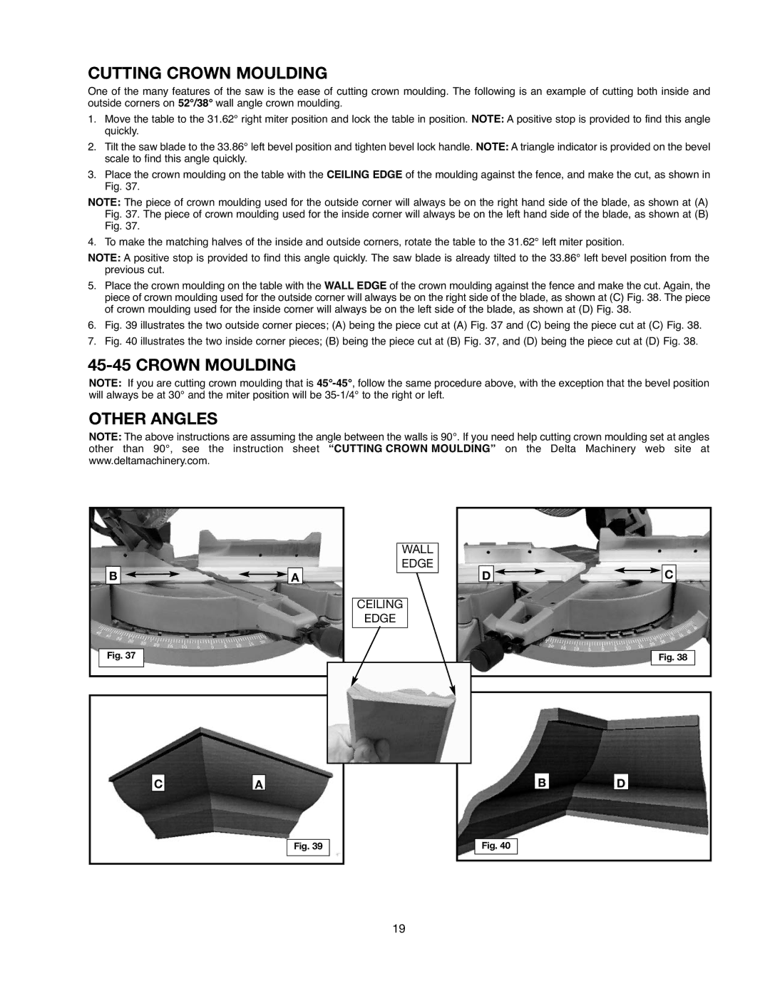 Delta 90513776 instruction manual Cutting Crown Moulding, Crown Moulding Other Angles 