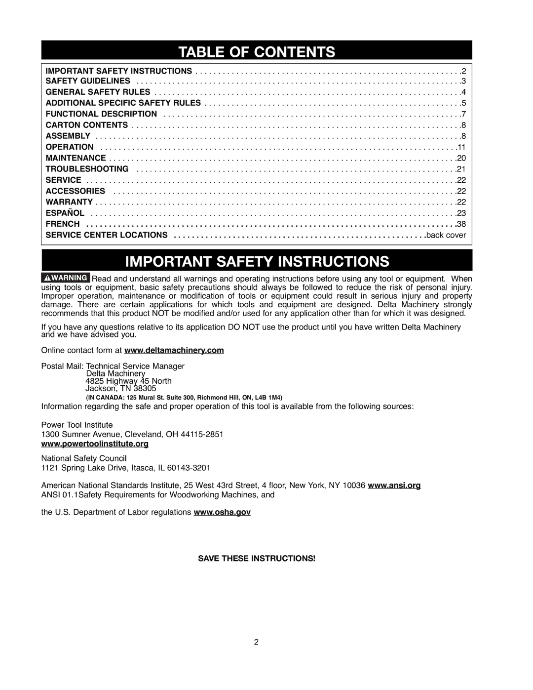 Delta 90513776 instruction manual Table of Contents, Important Safety Instructions 