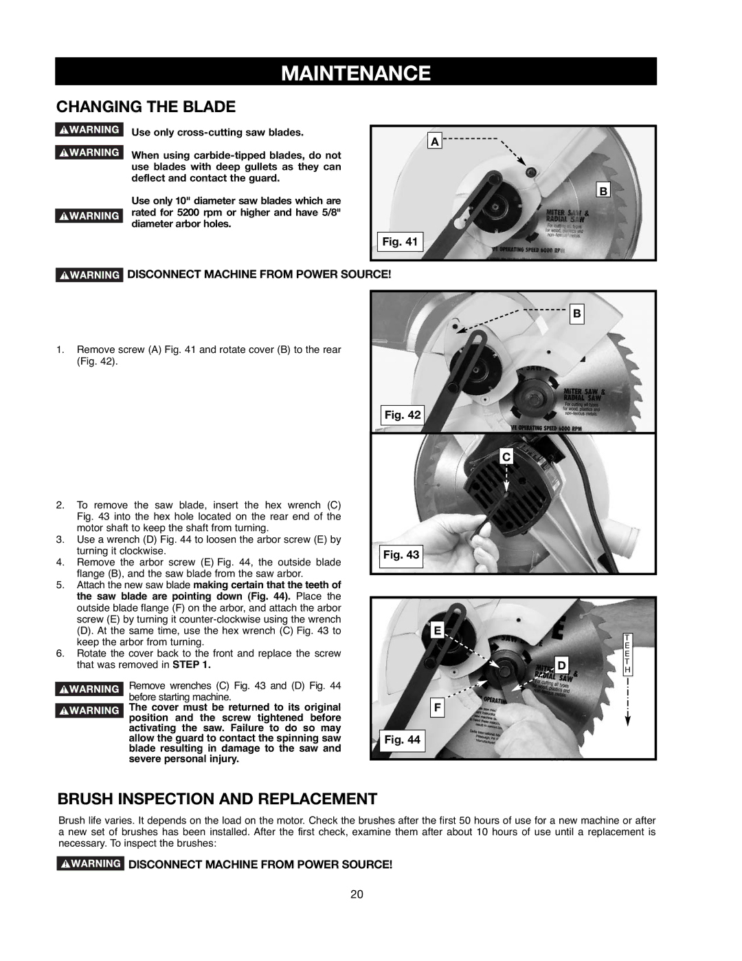 Delta 90513776 instruction manual Maintenance, Changing the Blade, Brush Inspection and Replacement 