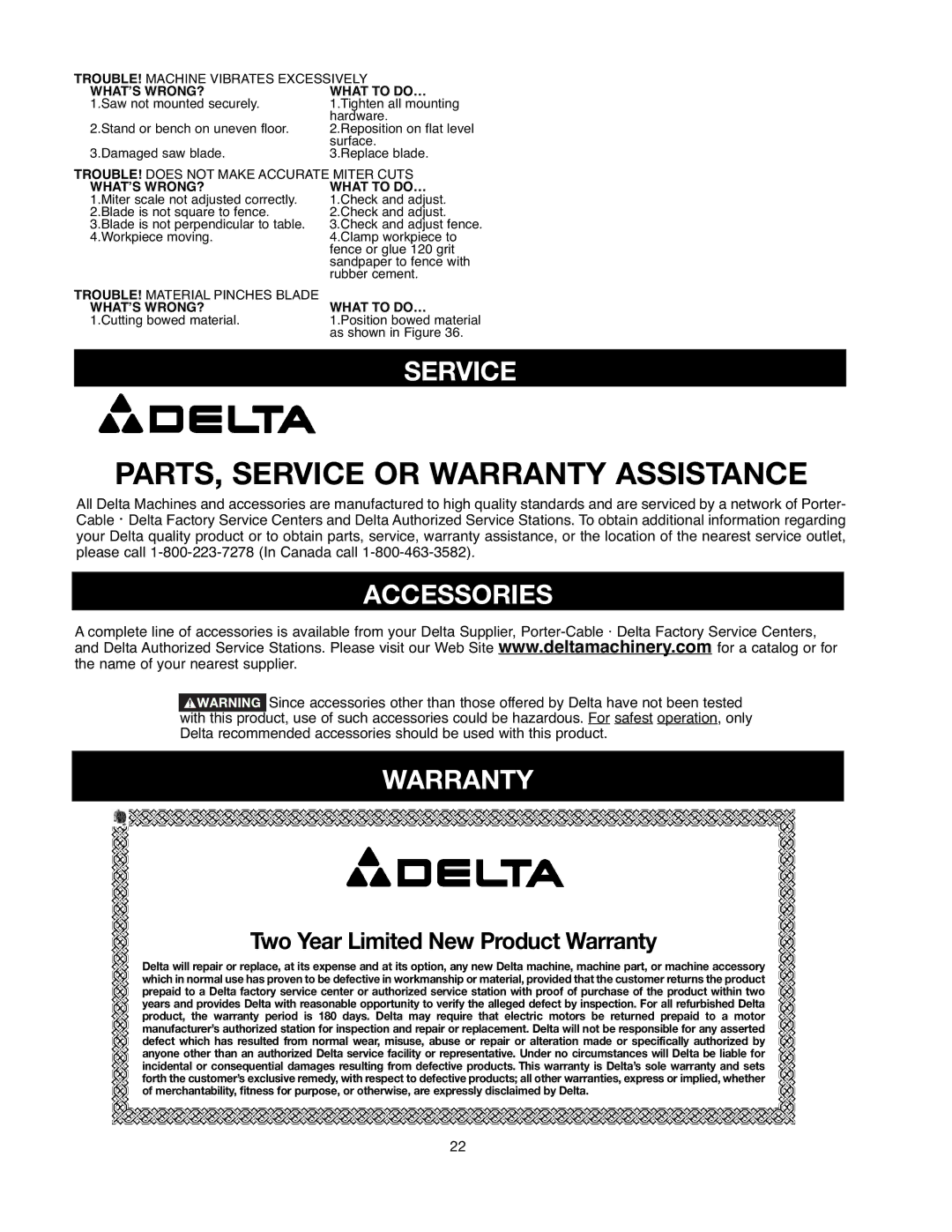 Delta 90513776 instruction manual Service, Accessories, Warranty 