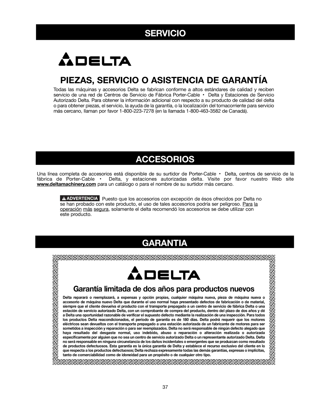 Delta 90513776 instruction manual Servicio, Accesorios, Garantia 