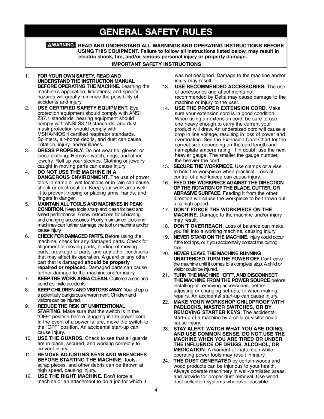 Delta 90513776 instruction manual General Safety Rules, Important Safety Instructions 