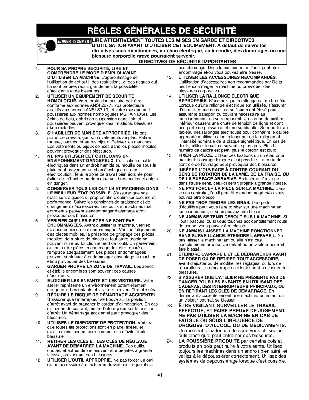 Delta 90513776 instruction manual Règles Générales DE Sécurité, Directives DE Sécurité Importantes 