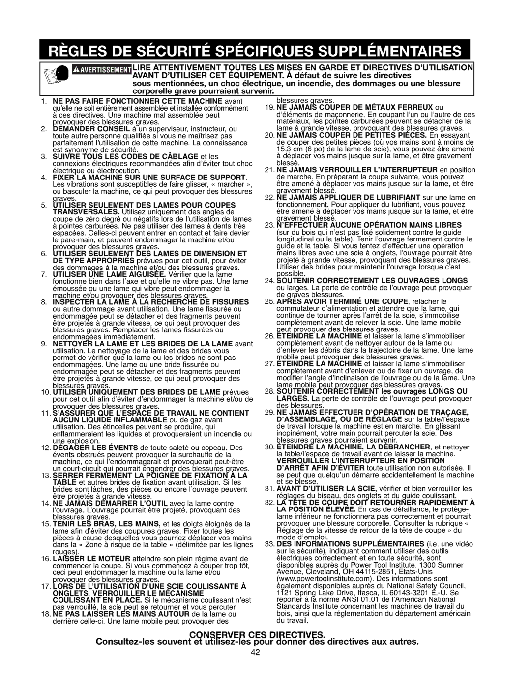 Delta 90513776 instruction manual Règles DE Sécurité Spécifiques Supplémentaires, Conserver CES Directives 