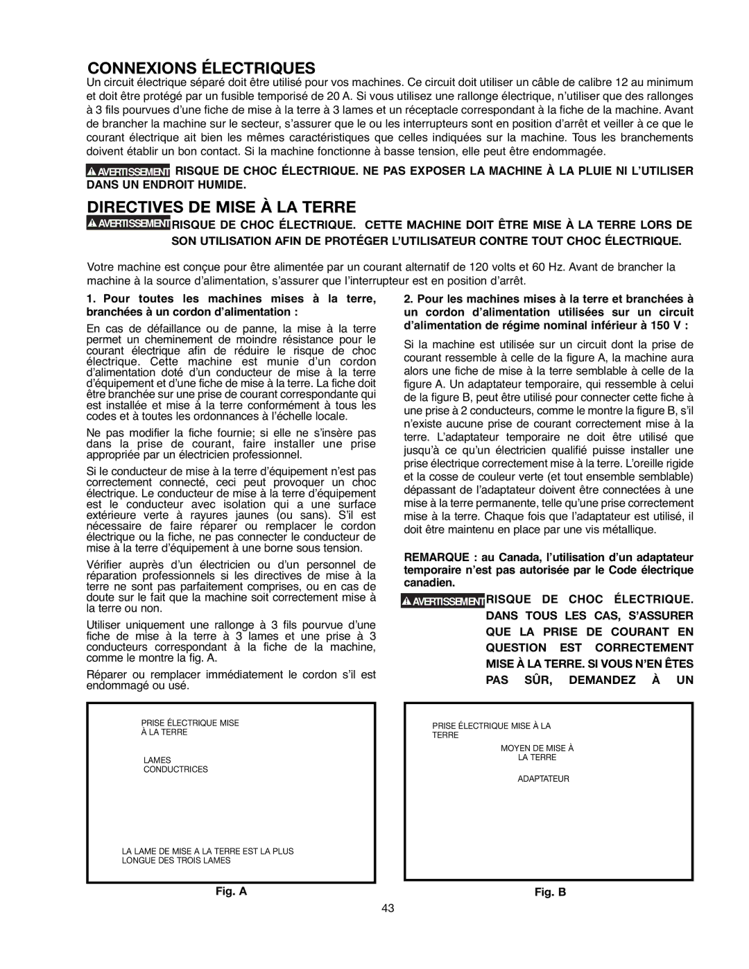 Delta 90513776 instruction manual Connexions Électriques, Directives DE Mise À LA Terre 