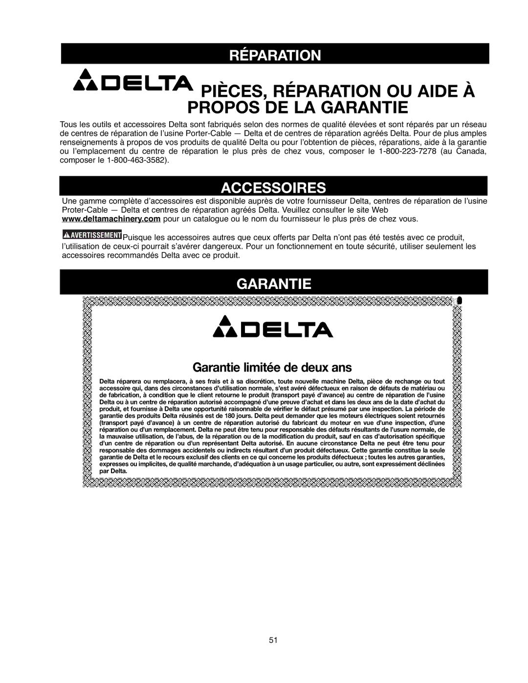 Delta 90513776 instruction manual Réparation, Accessoires, Garantie 