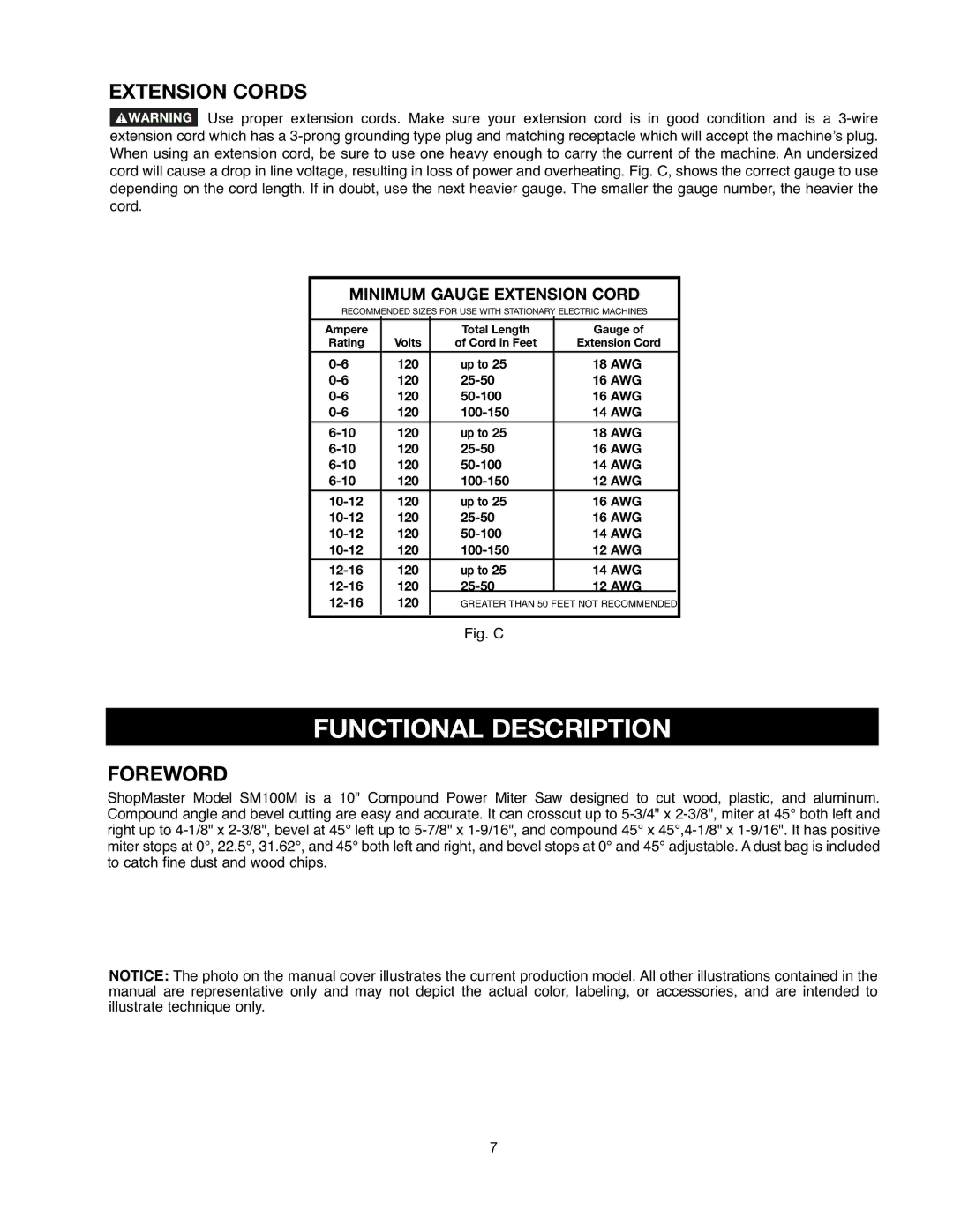 Delta 90513776 instruction manual Functional Description, Extension Cords, Foreword, Minimum Gauge Extension Cord 