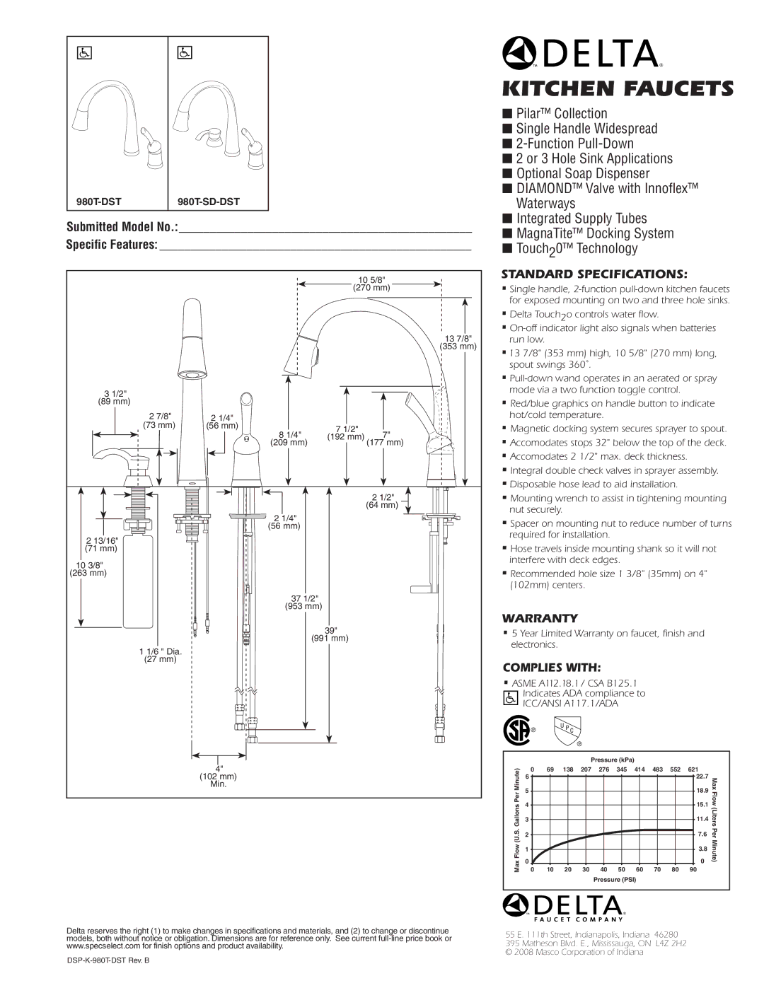 Delta 980T-SD-DST warranty Kitchen Faucets, Standard SPECIFICATIONS­, Complies with, Submitted Model No Specific Features 