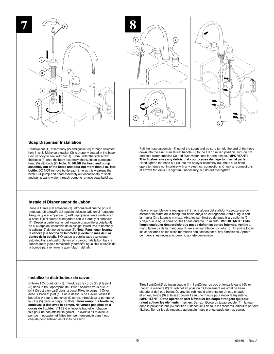 Delta 980T-SS-DST Series Soap Dispenser Installation, Instale el Dispensador de Jabón, Installez le distributeur de savon 