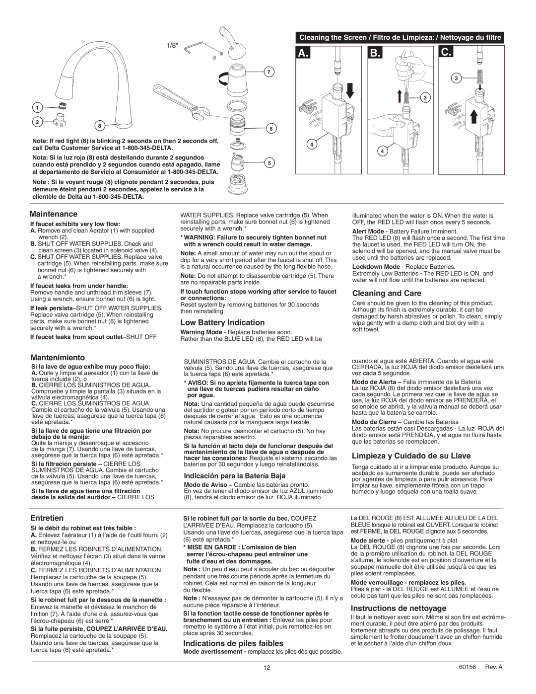 Delta 980T-SS-DST Series manual Maintenance, Low Battery Indication, Cleaning and Care, Mantenimiento, Entretien 