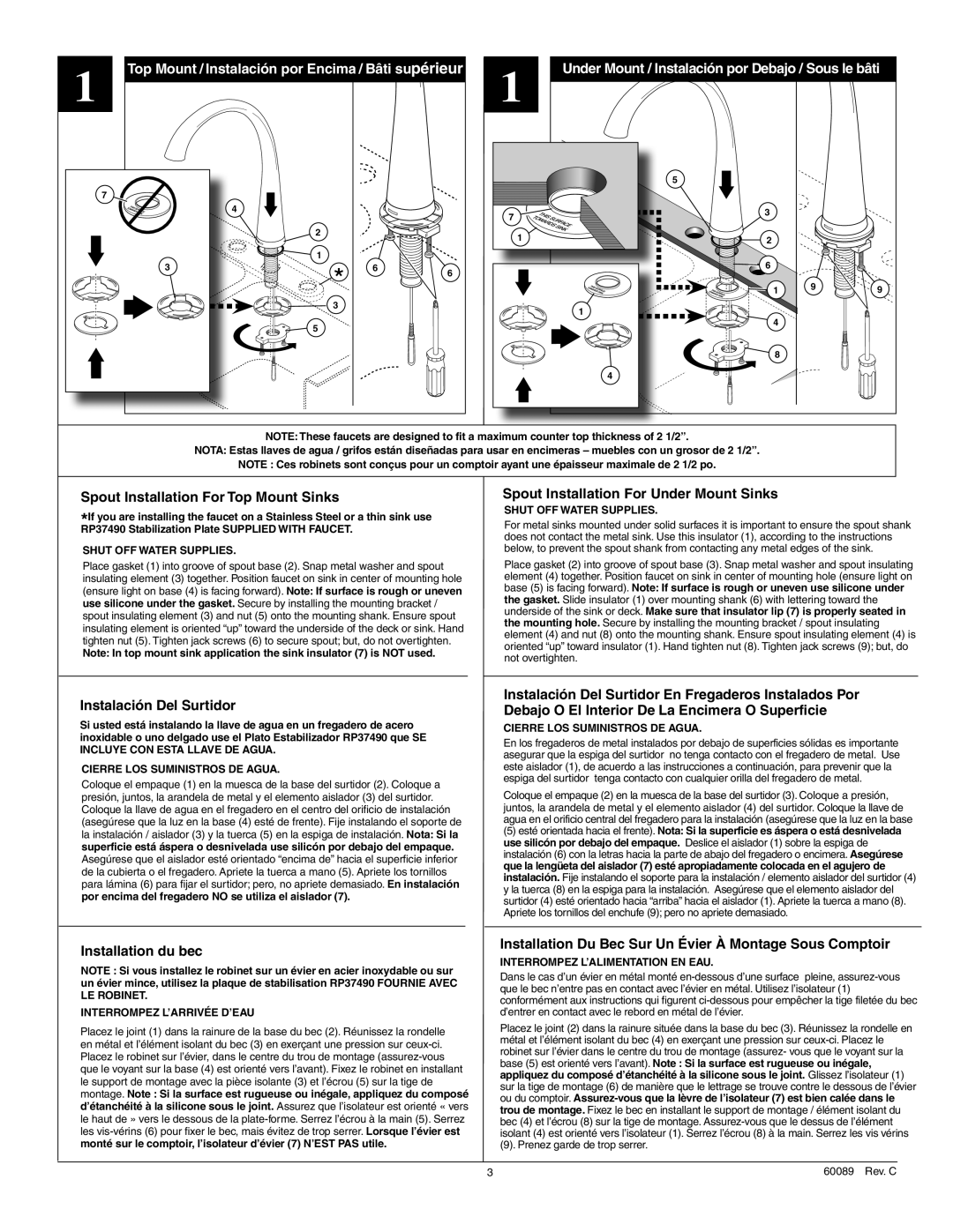 Delta 980T-SS-DST Spout Installation For Top Mount Sinks, Spout Installation For Under Mount Sinks, Installation du bec 