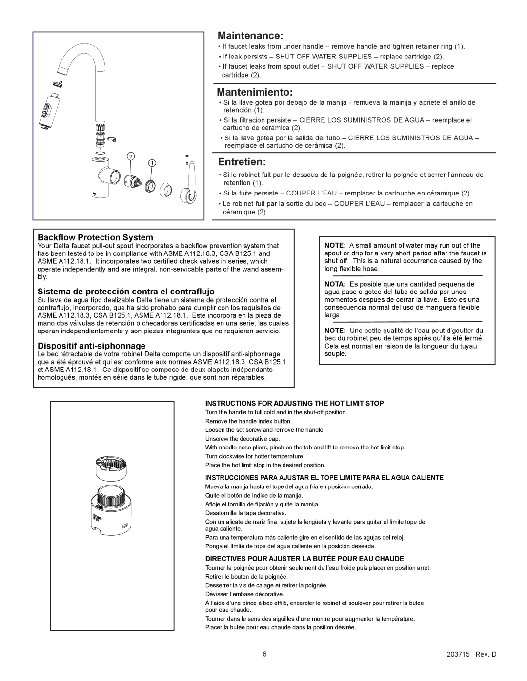 Delta 985 Series manual Backflow Protection System, Sistema de protección contra el contraflujo, Dispositif anti-siphonnage 