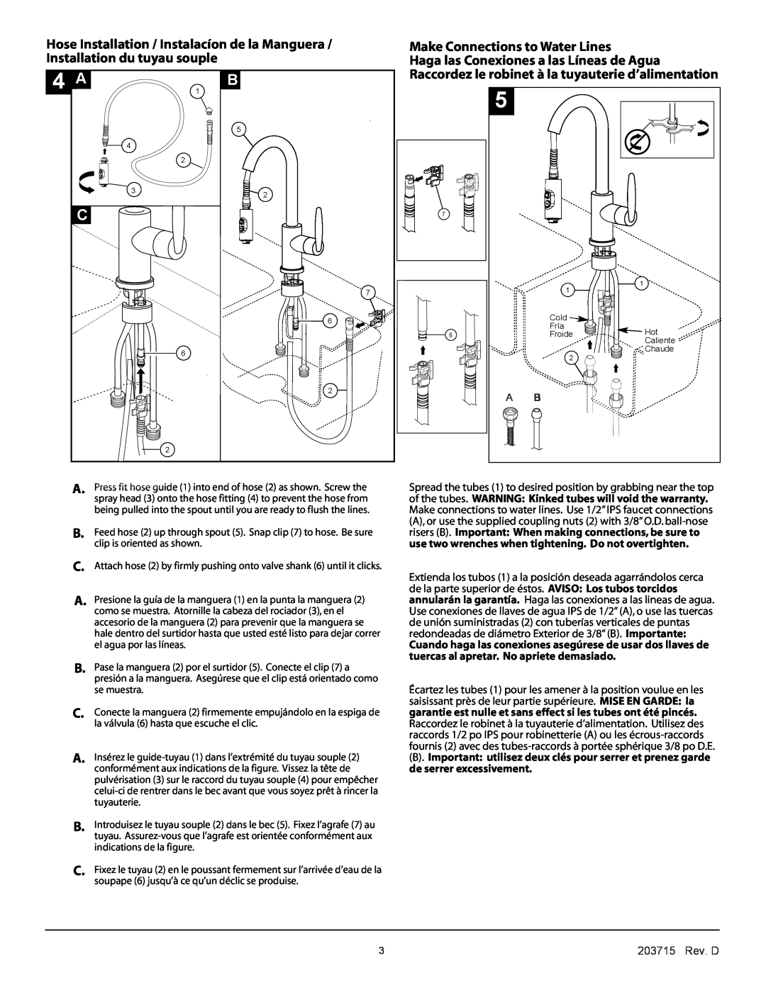 Delta 985 Series manual Make Connections to Water Lines, Haga las Conexiones a las Líneas de Agua, 203715 Rev. D 