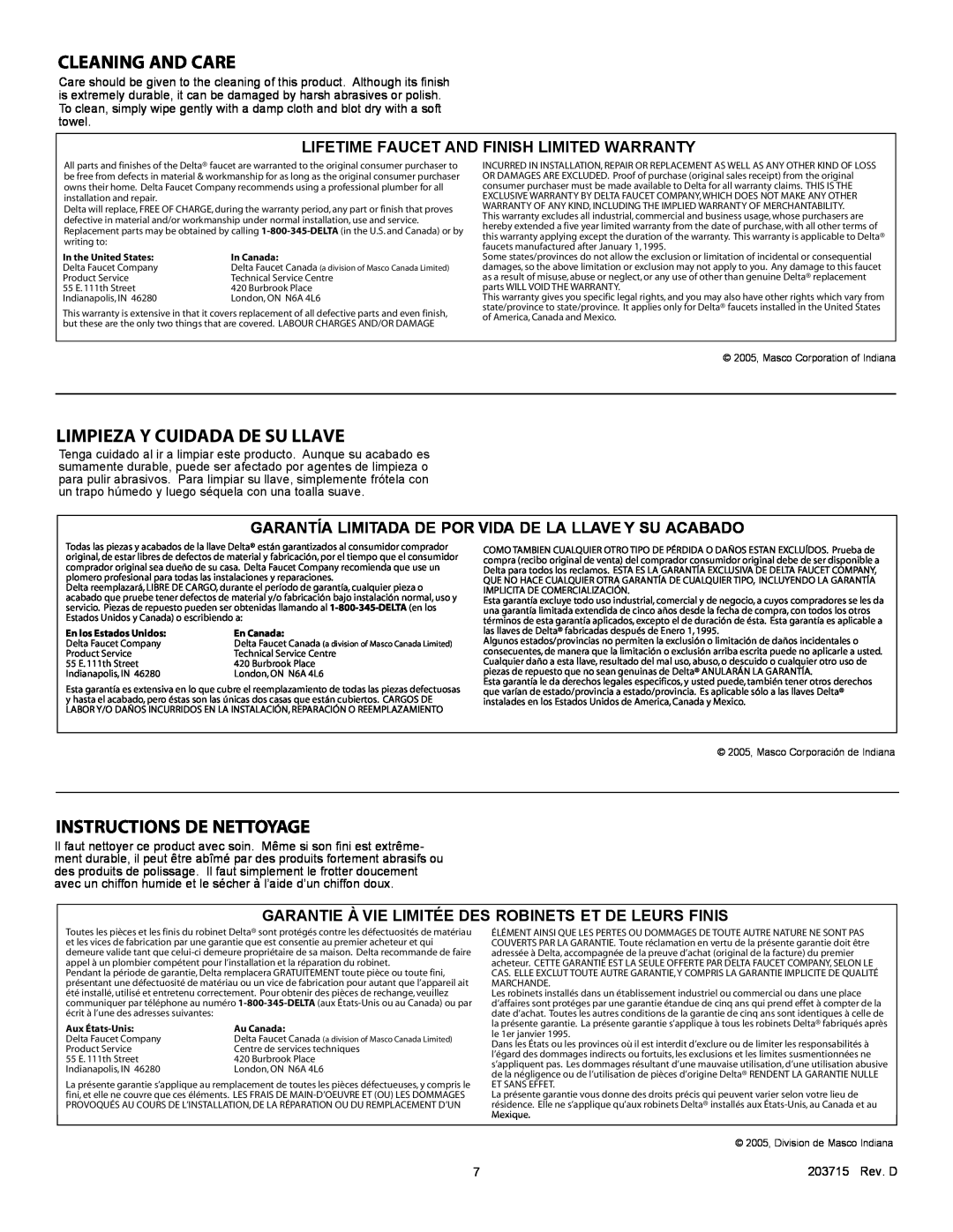 Delta 985 Series manual Cleaning And Care, Limpieza Y Cuidada De Su Llave, Instructions De Nettoyage 