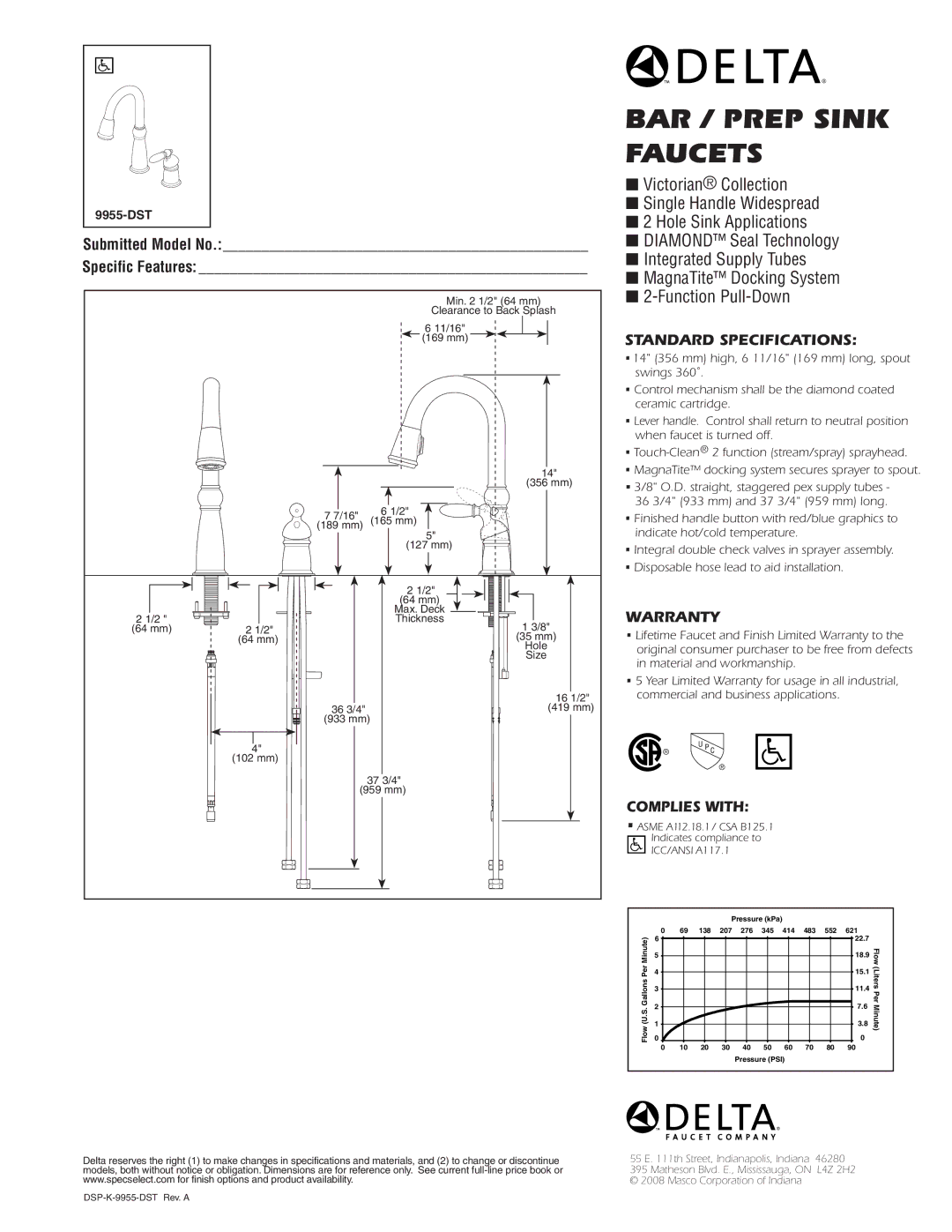 Delta 9955-DST warranty Bar / prep sink FAUCETs, Standard SPECIFICATIONS­, Warranty, Complies with 