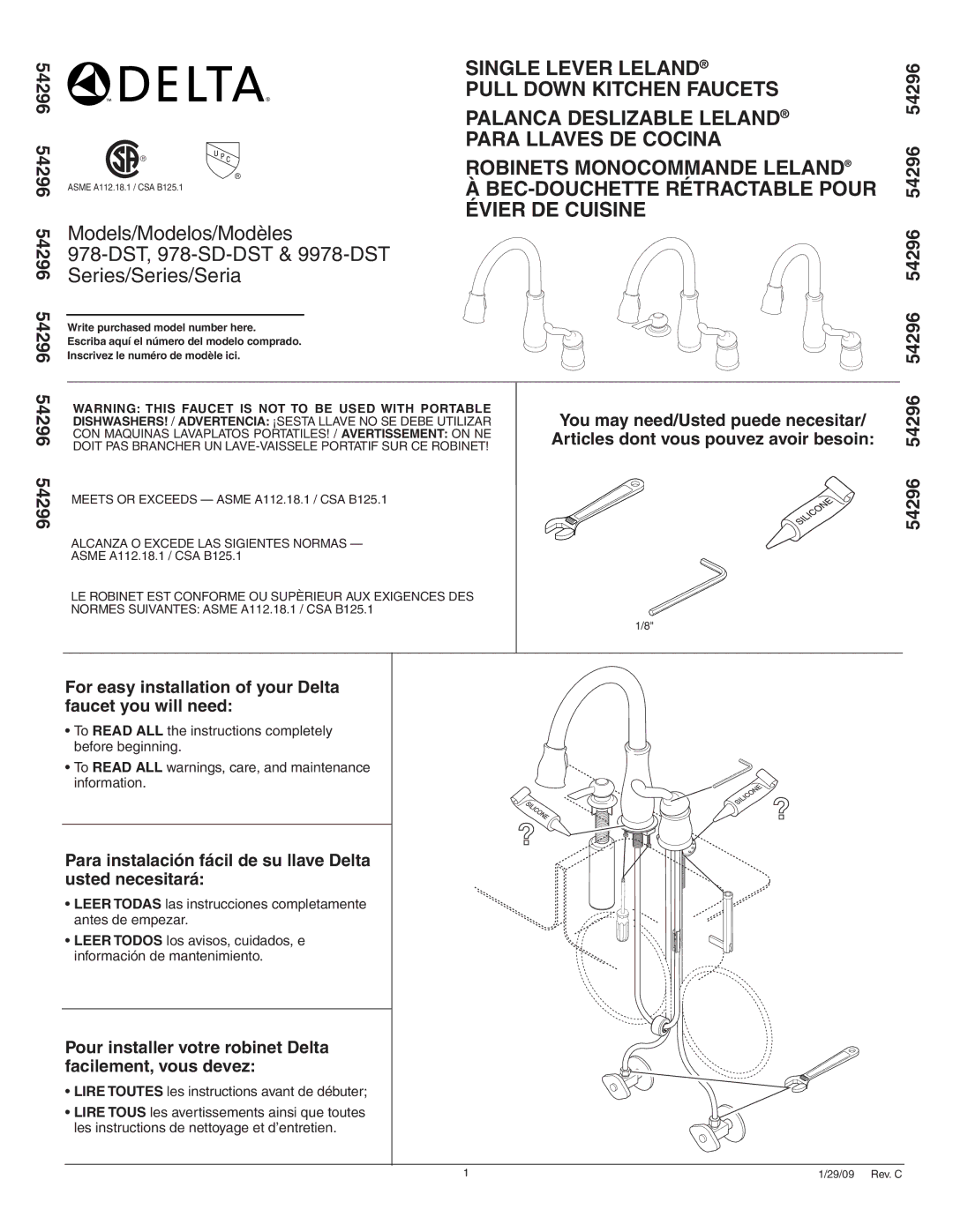 Delta 9978-DST Series, 978-SD-DST Series manual Single Lever Leland 