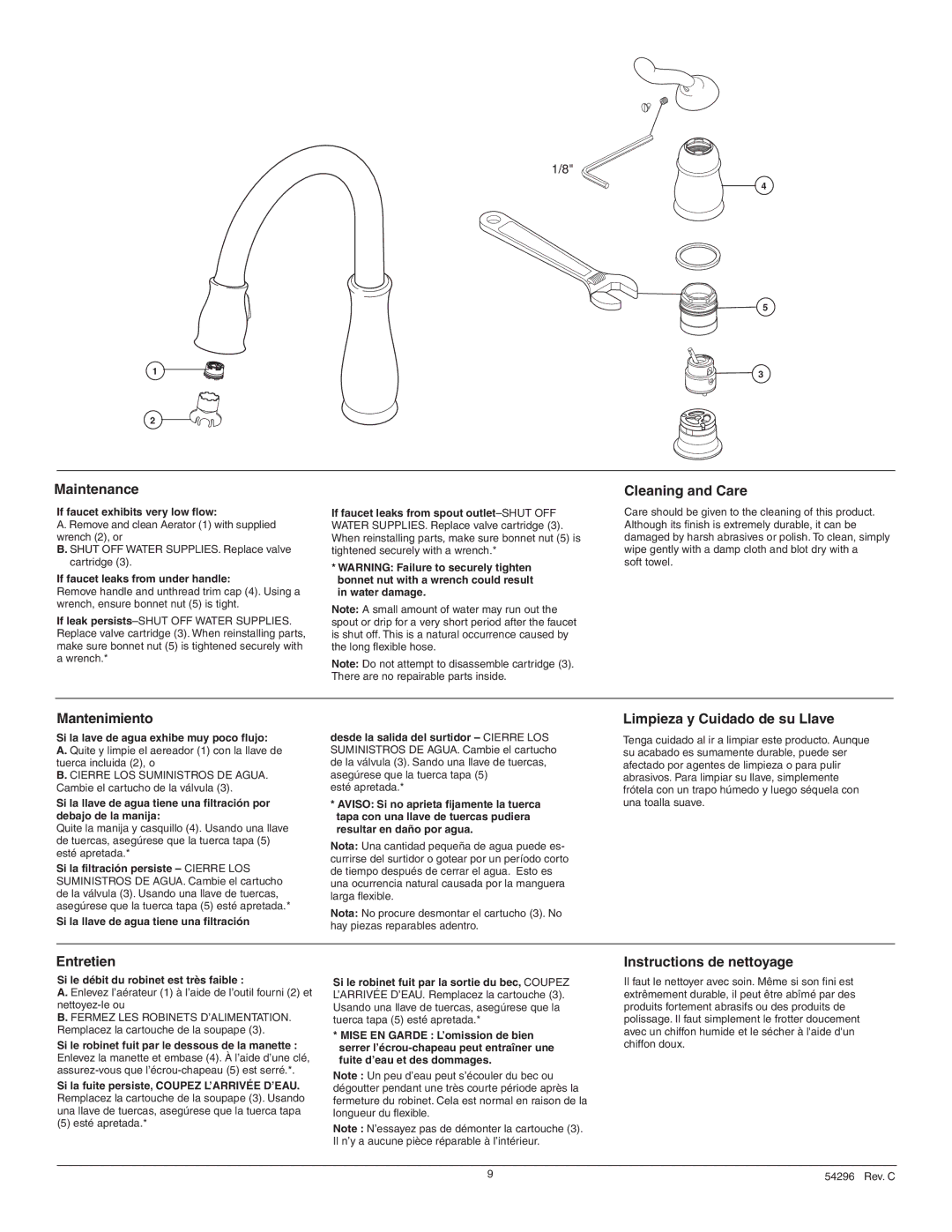 Delta 9978-DST Series manual Maintenance, Cleaning and Care, Mantenimiento, Limpieza y Cuidado de su Llave, Entretien 