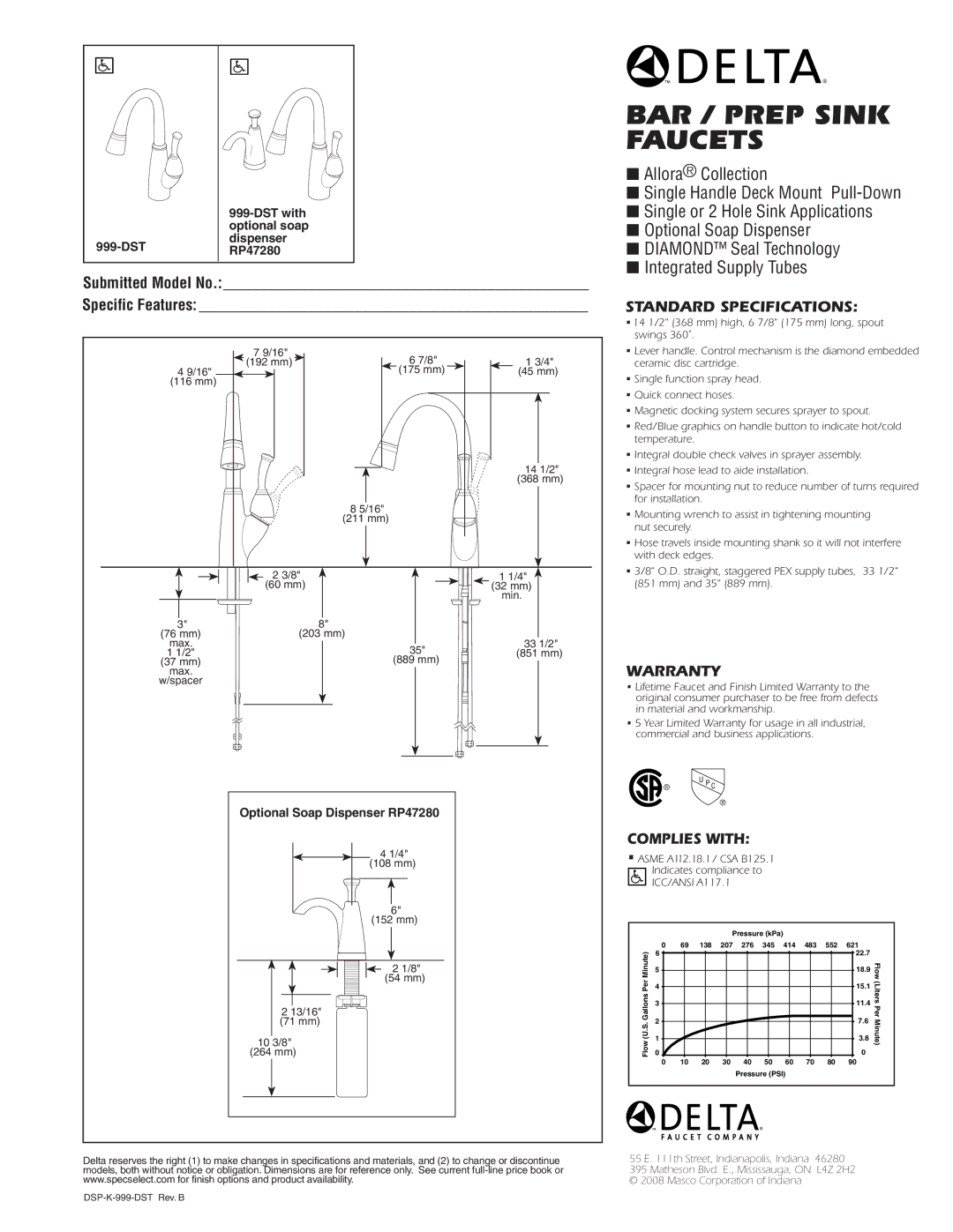 Delta 999-DST warranty Bar / Prep Sink Faucets, Standard SPECIFICATIONS­, Warranty, Complies with 