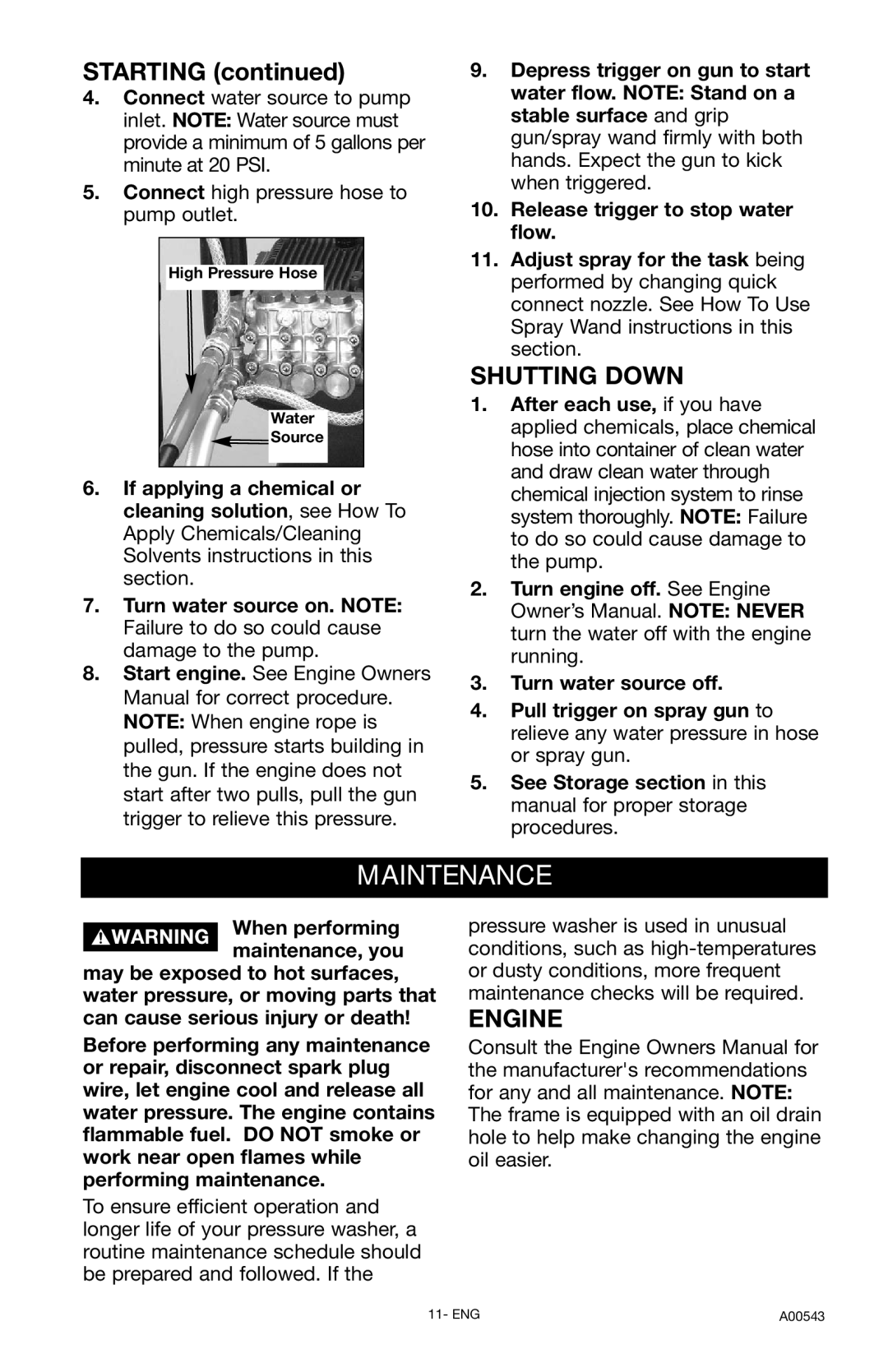 Delta DTH3635, A00543 instruction manual Maintenance, Shutting Down, Engine 