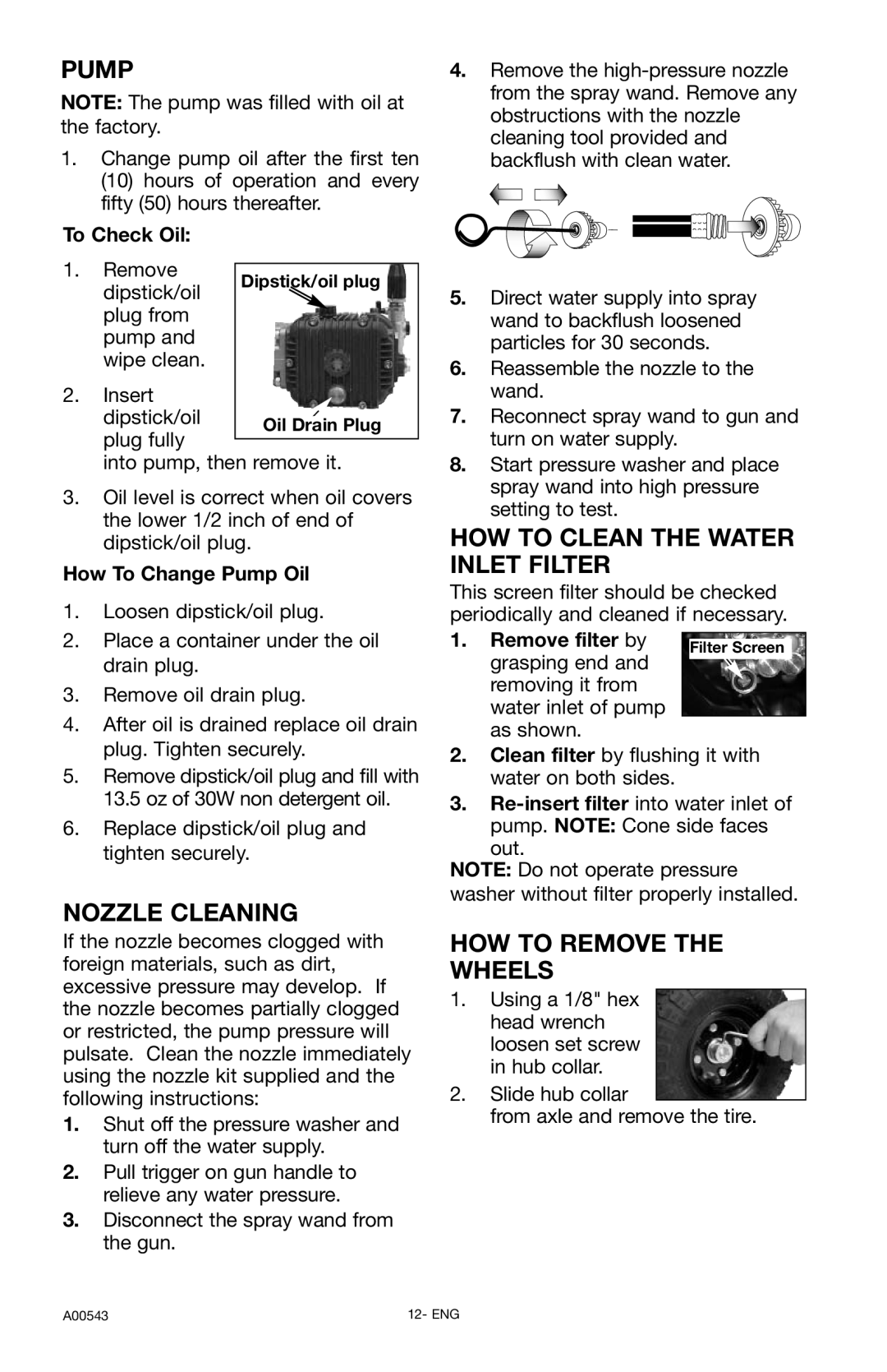 Delta A00543, DTH3635 Pump, Nozzle Cleaning, HOW to Clean the Water Inlet Filter, HOW to Remove the Wheels, Oil Drain Plug 