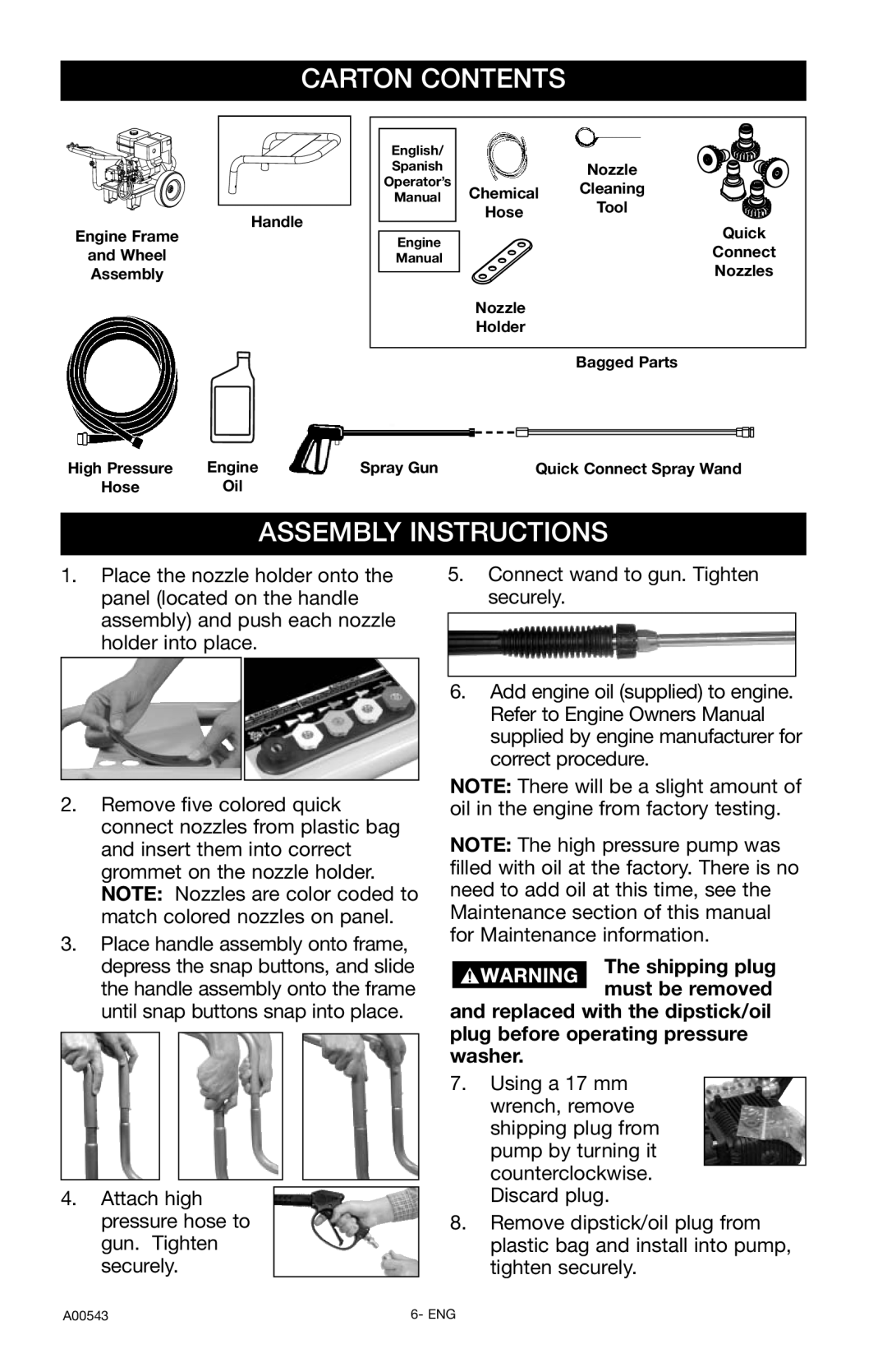 Delta A00543, DTH3635 instruction manual Carton Contents, Assembly Instructions, plug before operating pressure washer 