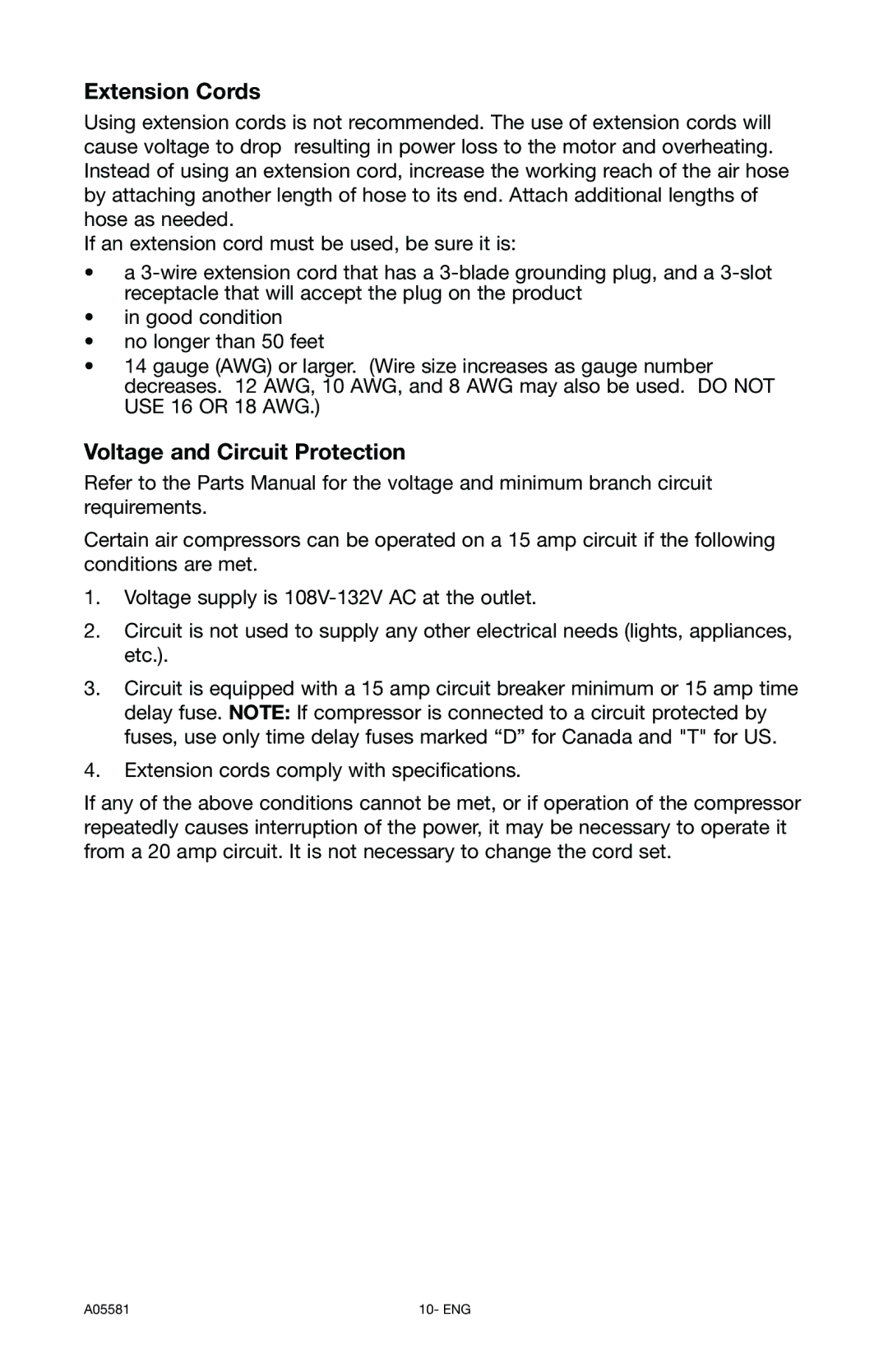 Delta A05581, CP201 instruction manual Extension Cords 