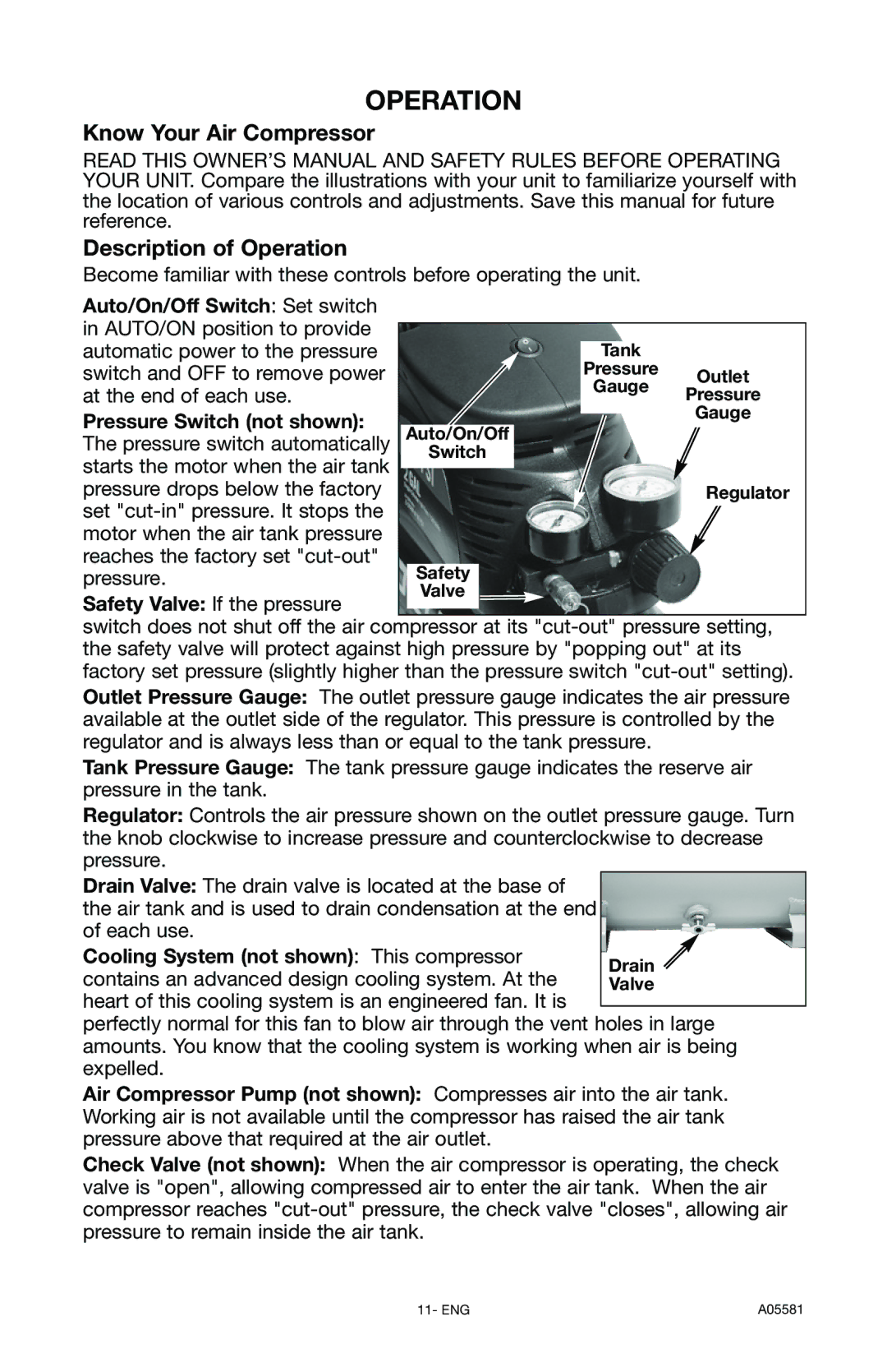 Delta CP201, A05581 instruction manual Operation, Auto/On/Off Switch Set switch, Pressure Switch not shown 