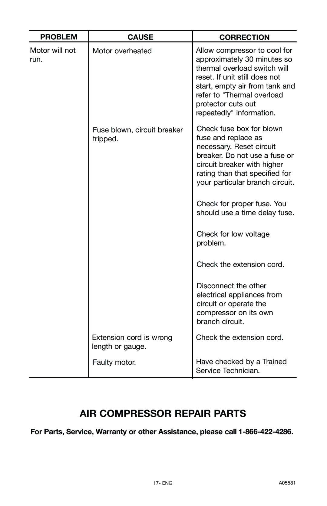 Delta CP201, A05581 instruction manual AIR Compressor Repair Parts 