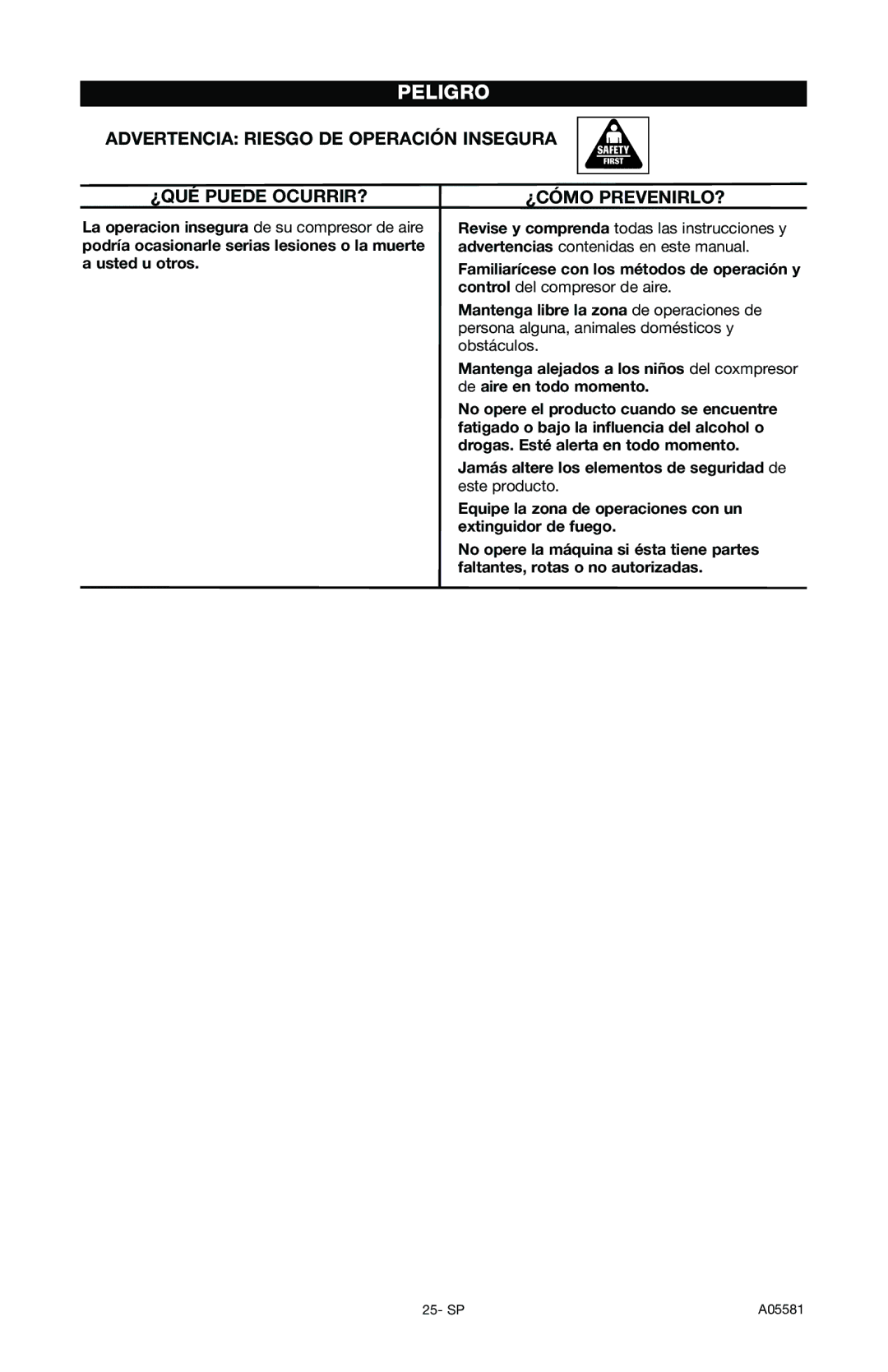 Delta CP201, A05581 instruction manual Advertencia Riesgo DE Operación Insegura ¿QUÉ Puede OCURRIR? 