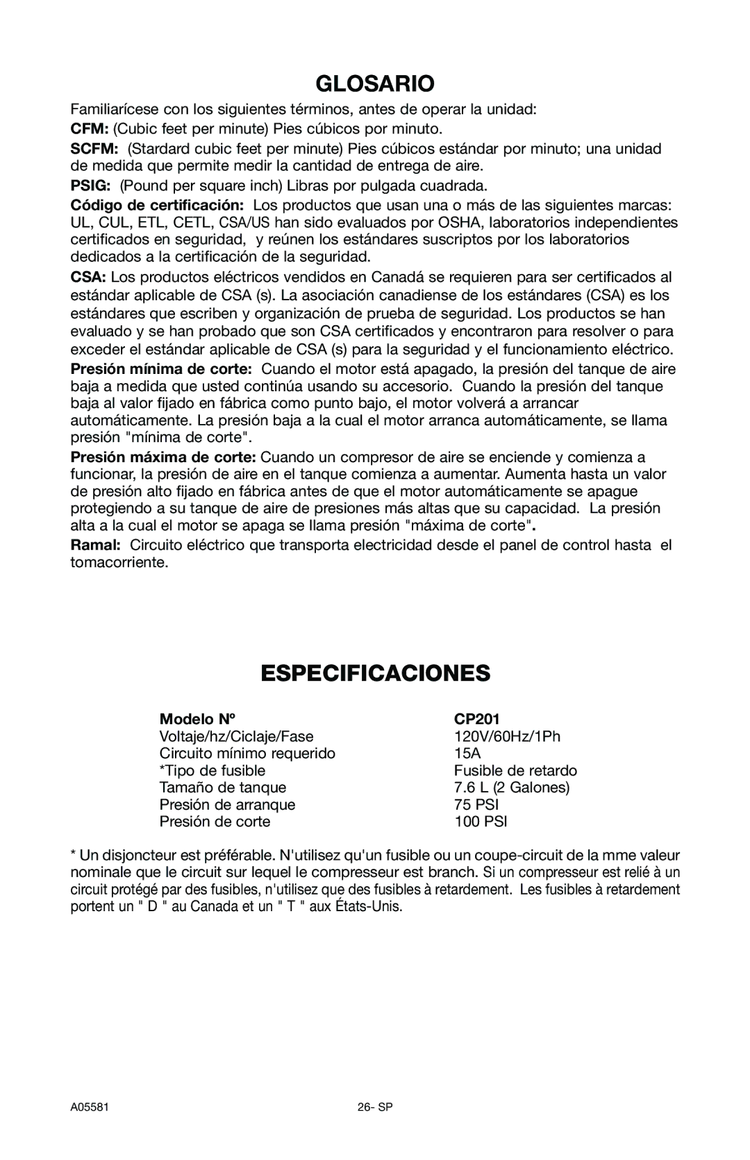 Delta A05581 instruction manual Glosario, Especificaciones, Modelo Nº CP201 