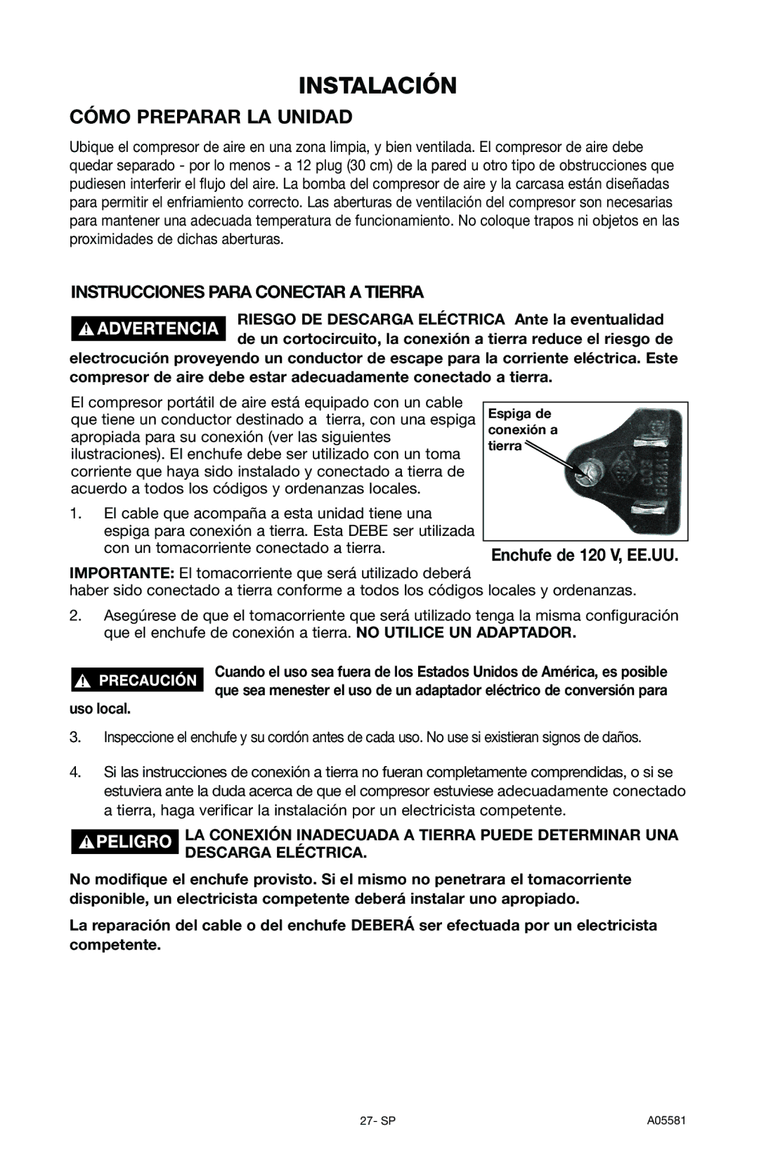 Delta CP201, A05581 instruction manual Instalación, Cómo Preparar LA Unidad, Enchufe de 120 V, EE.UU, Uso local 