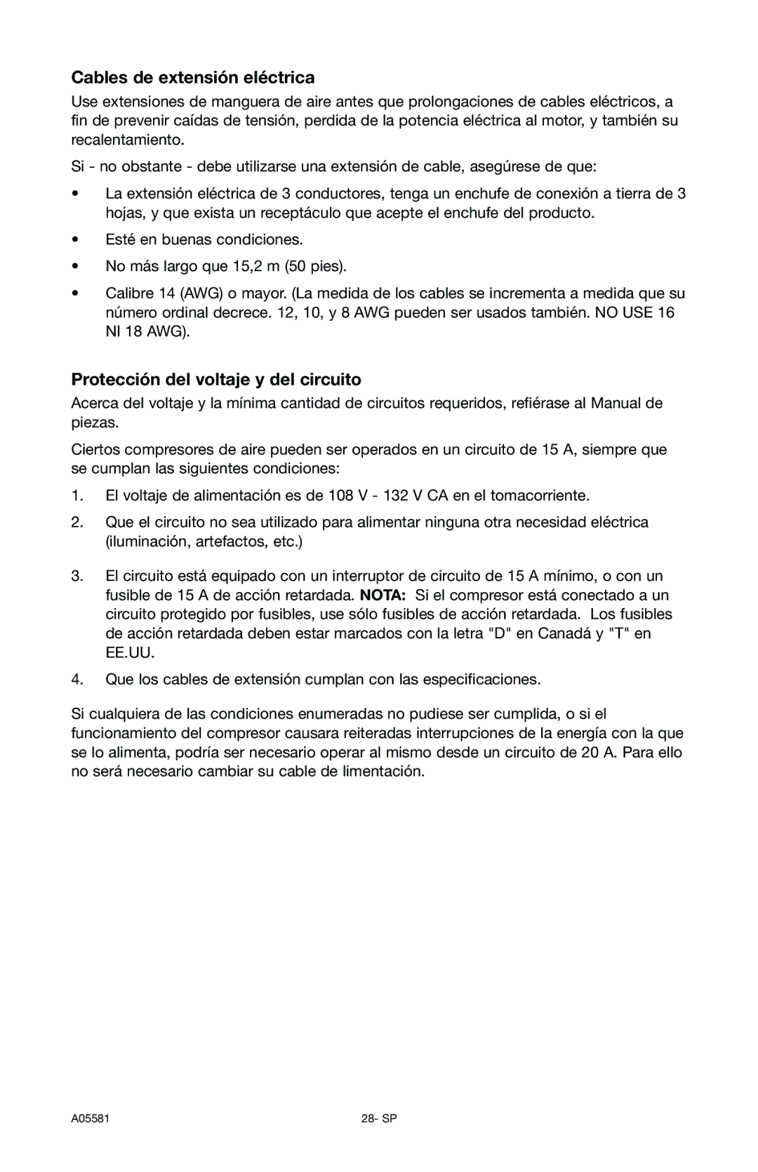 Delta A05581, CP201 instruction manual Cables de extensión eléctrica, Protección del voltaje y del circuito 