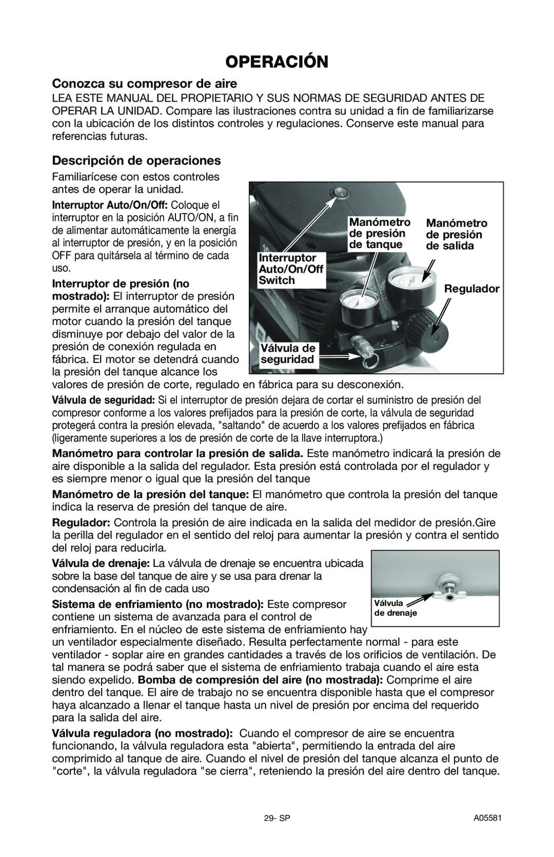 Delta CP201, A05581 instruction manual Operación, Conozca su compresor de aire, Descripción de operaciones 