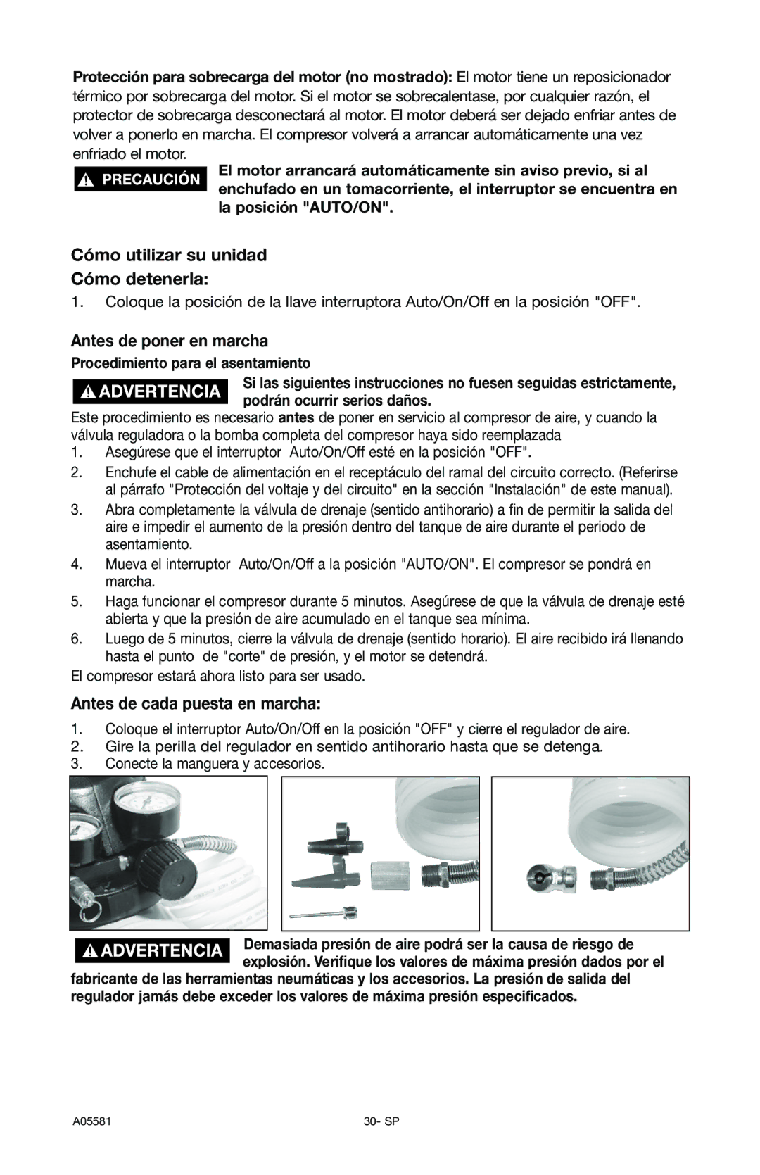 Delta A05581, CP201 Cómo utilizar su unidad Cómo detenerla, Antes de poner en marcha, Antes de cada puesta en marcha 