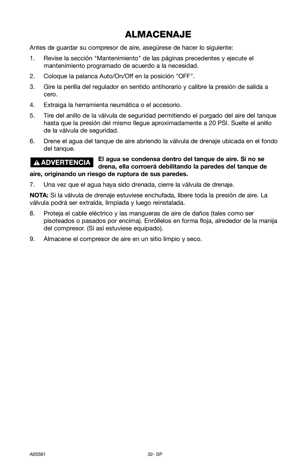 Delta A05581, CP201 instruction manual Almacenaje, Aire, originando un riesgo de ruptura de sus paredes 