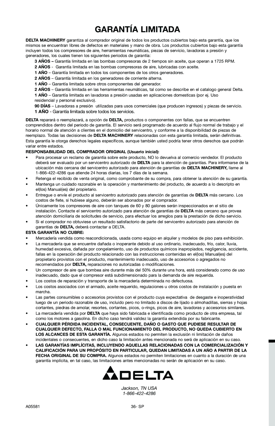 Delta A05581, CP201 instruction manual Garantía Limitada, AÑO Garantía limitada sobre todos los servicios 