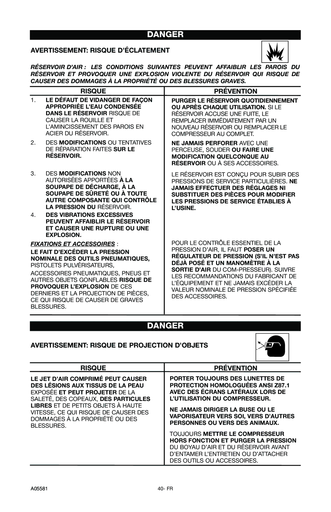 Delta A05581, CP201 instruction manual Avertissement Risque D’ÉCLATEMENT, Avertissement Risque DE Projection D’OBJETS 