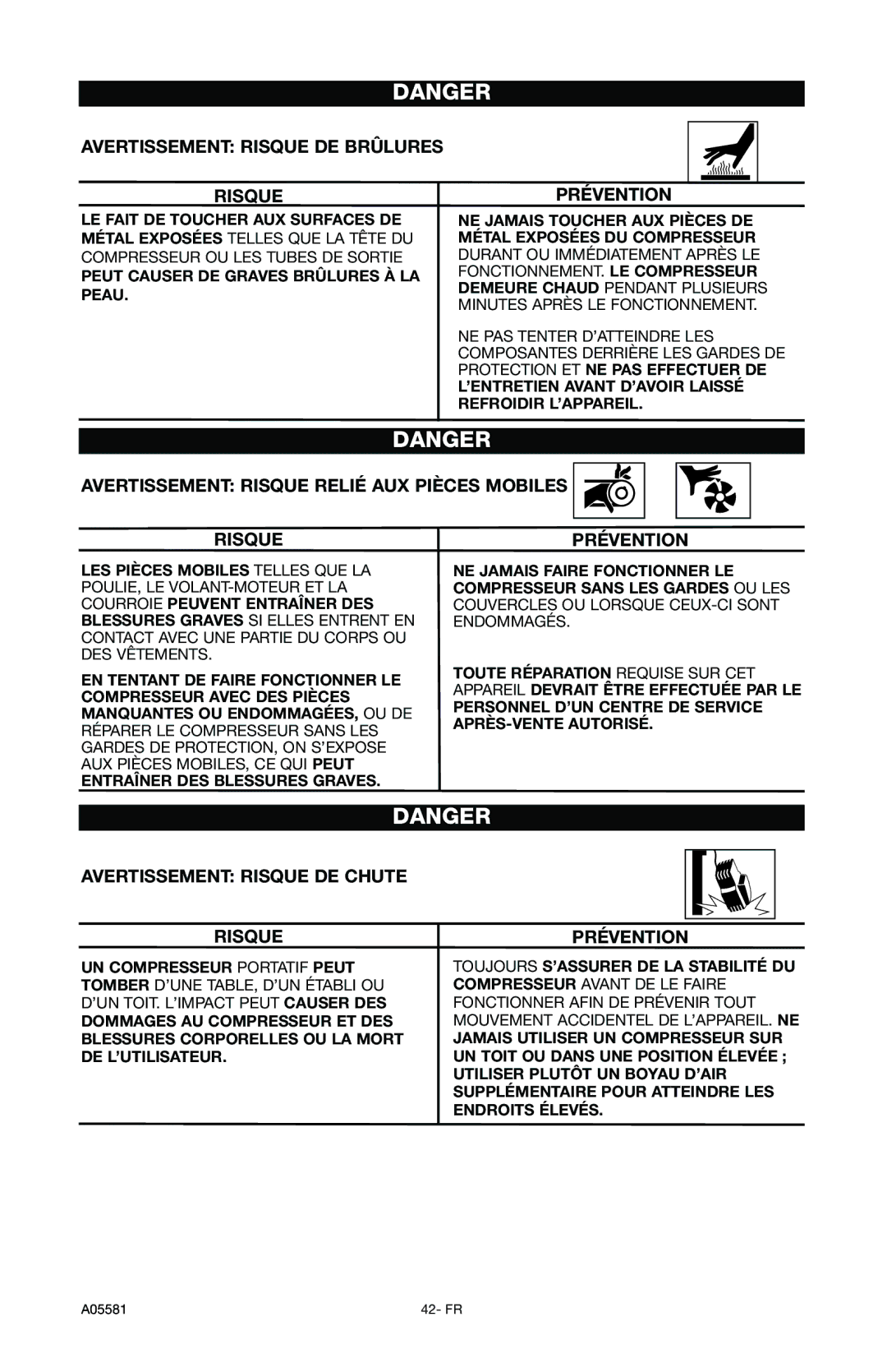 Delta A05581, CP201 instruction manual Avertissement Risque DE Brûlures, Avertissement Risque Relié AUX Pièces Mobiles 