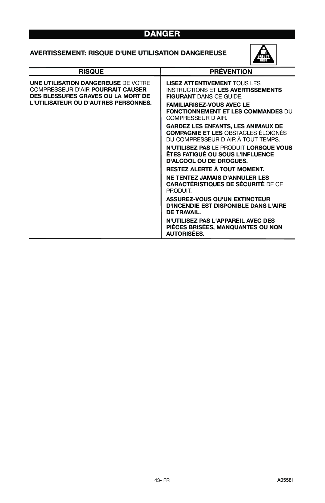 Delta CP201, A05581 instruction manual Avertissement Risque Dune Utilisation Dangereuse 