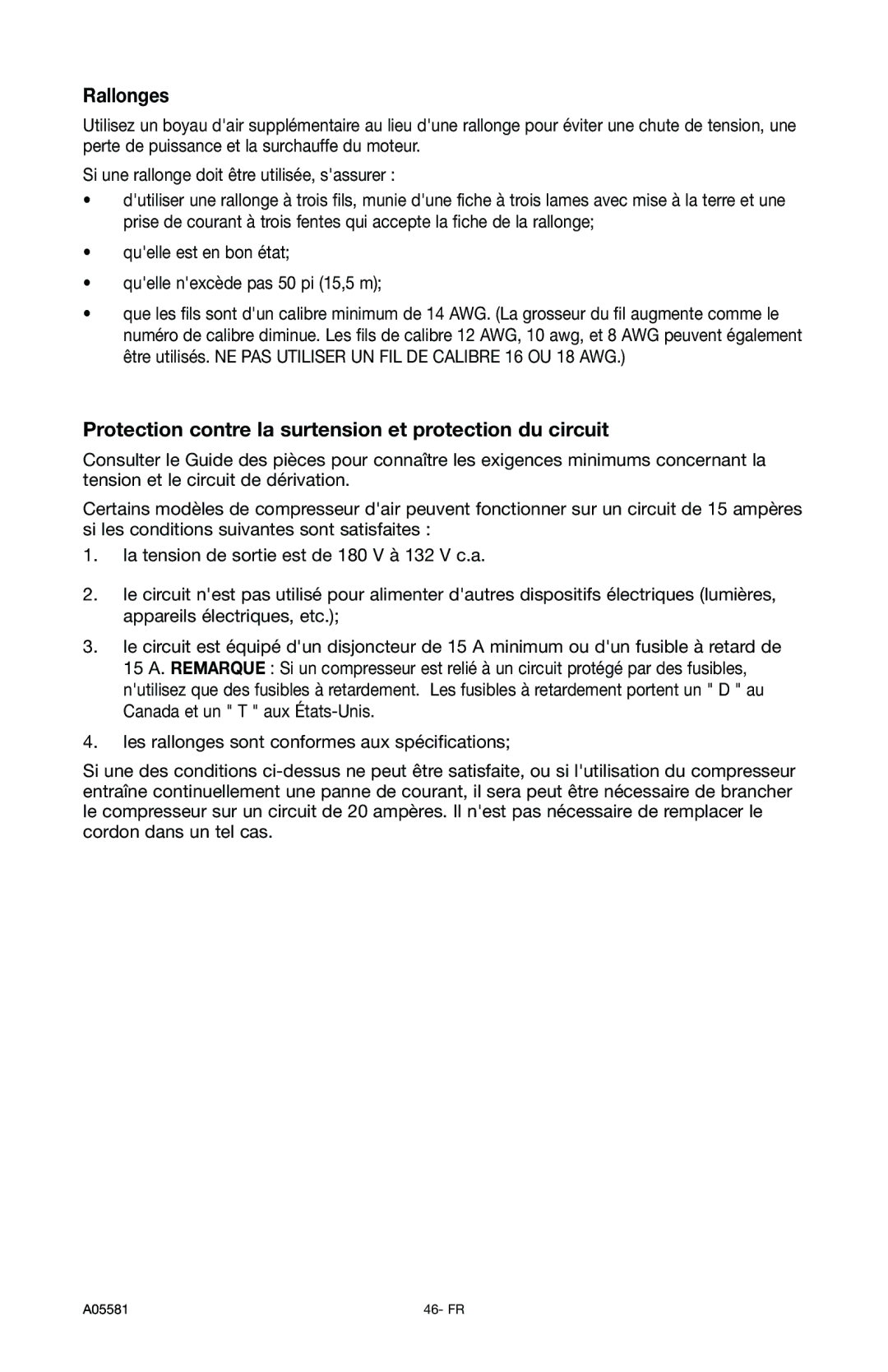 Delta A05581, CP201 instruction manual Rallonges, Protection contre la surtension et protection du circuit 