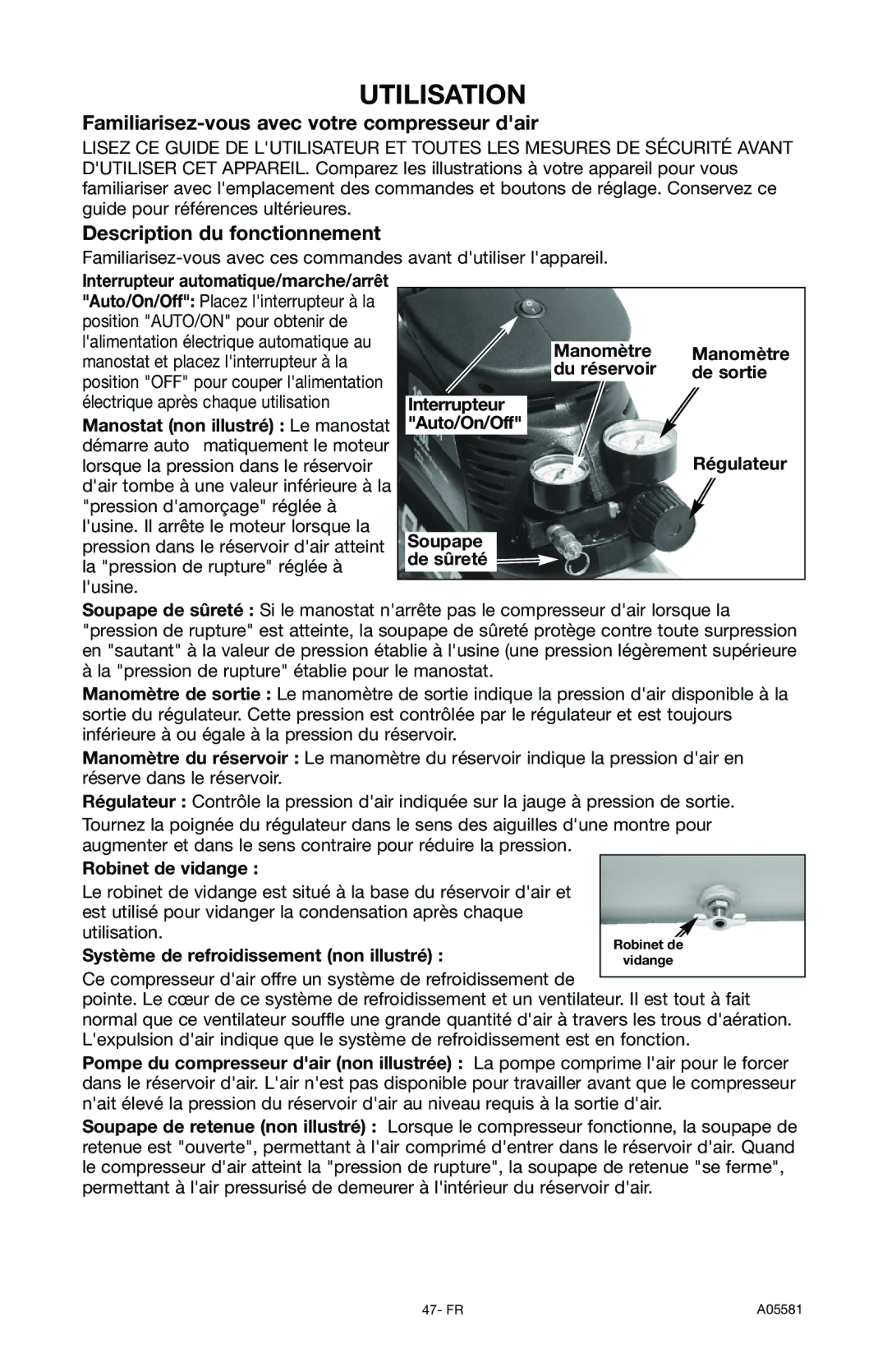 Delta CP201, A05581 Utilisation, Familiarisez-vous avec votre compresseur dair, Description du fonctionnement 