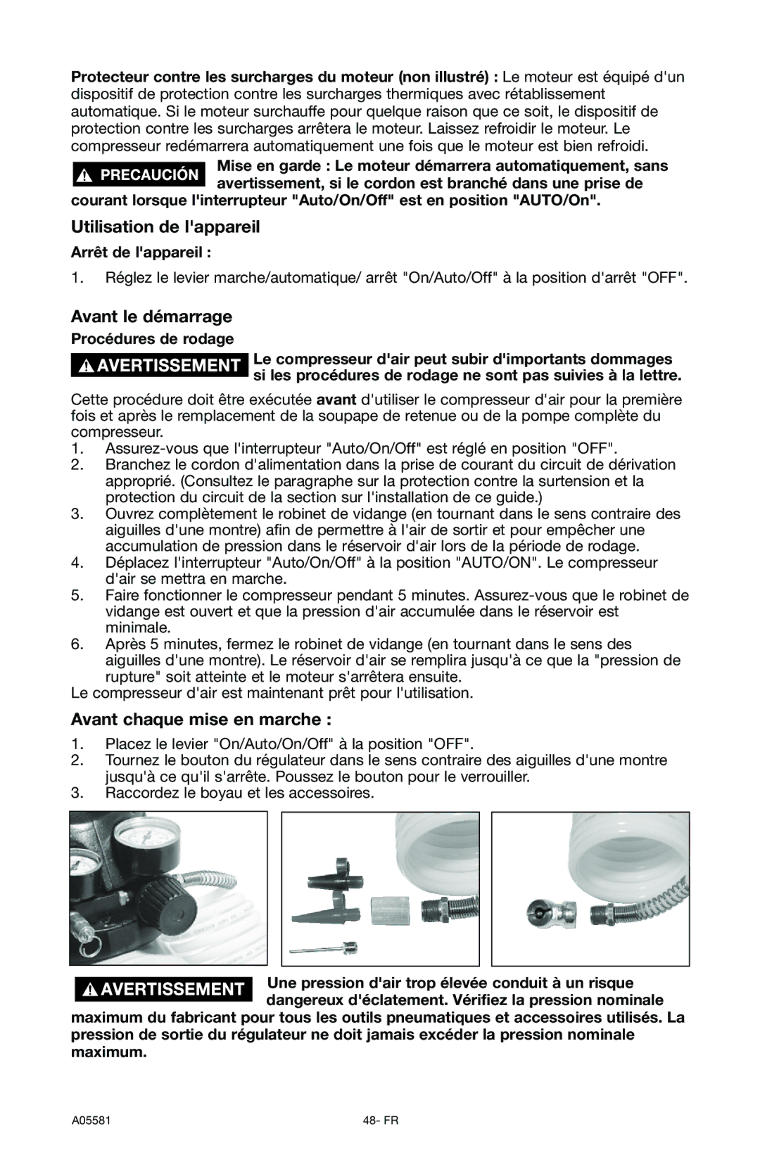 Delta A05581, CP201 Utilisation de lappareil, Avant le démarrage, Avant chaque mise en marche, Arrêt de lappareil 