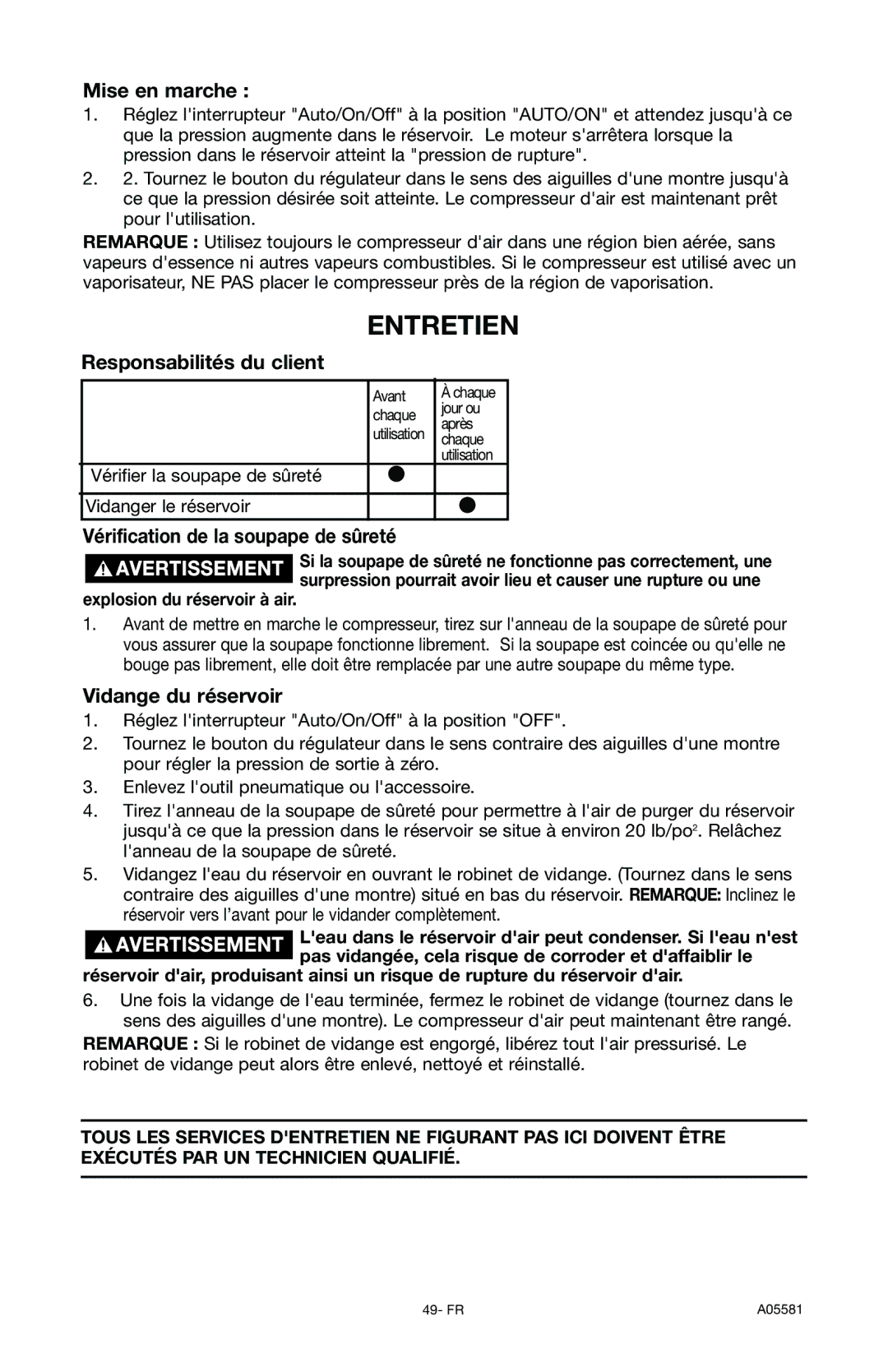 Delta CP201, A05581 Entretien, Mise en marche, Responsabilités du client, Vérification de la soupape de sûreté 