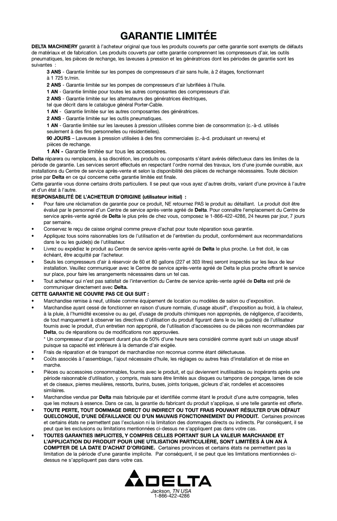 Delta A05581, CP201 instruction manual Garantie Limitée, AN Garantie limitée sur tous les accessoires 