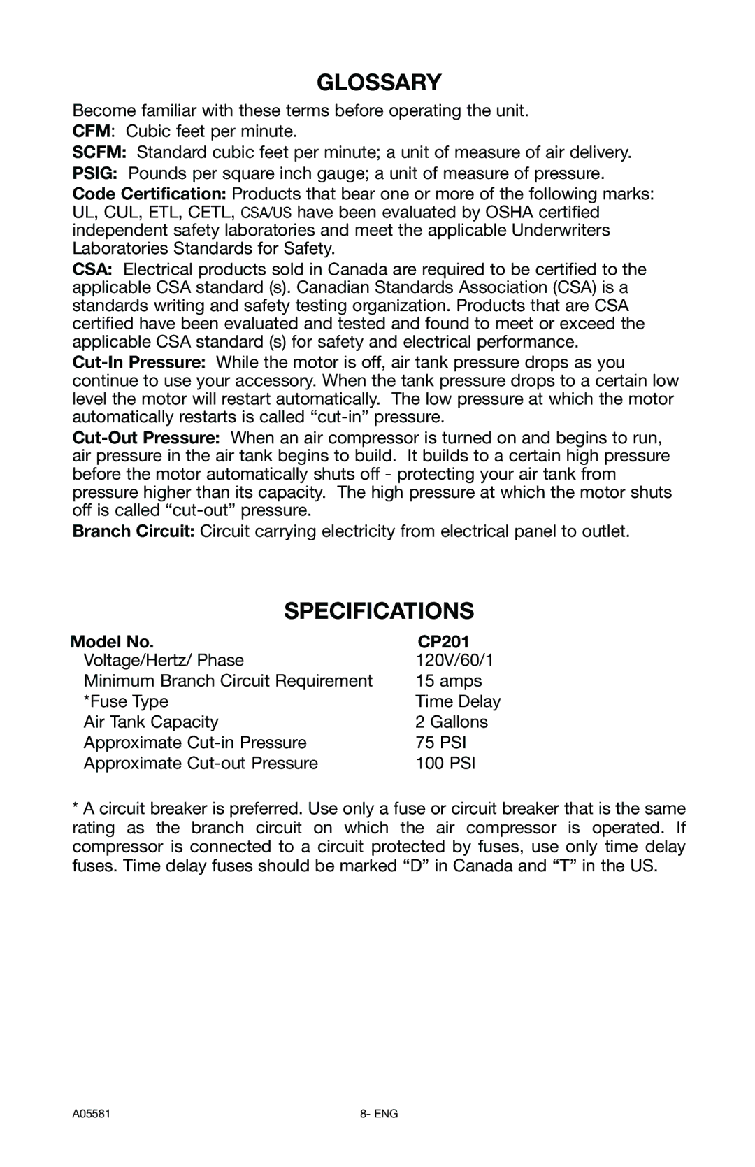 Delta A05581 instruction manual Glossary, Specifications, Model No CP201 