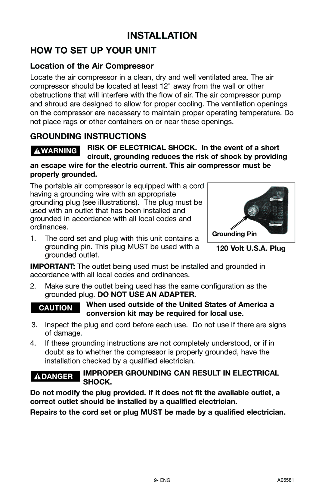 Delta CP201, A05581 instruction manual Installation, Grounding Instructions, Volt U.S.A. Plug, Grounding Pin 